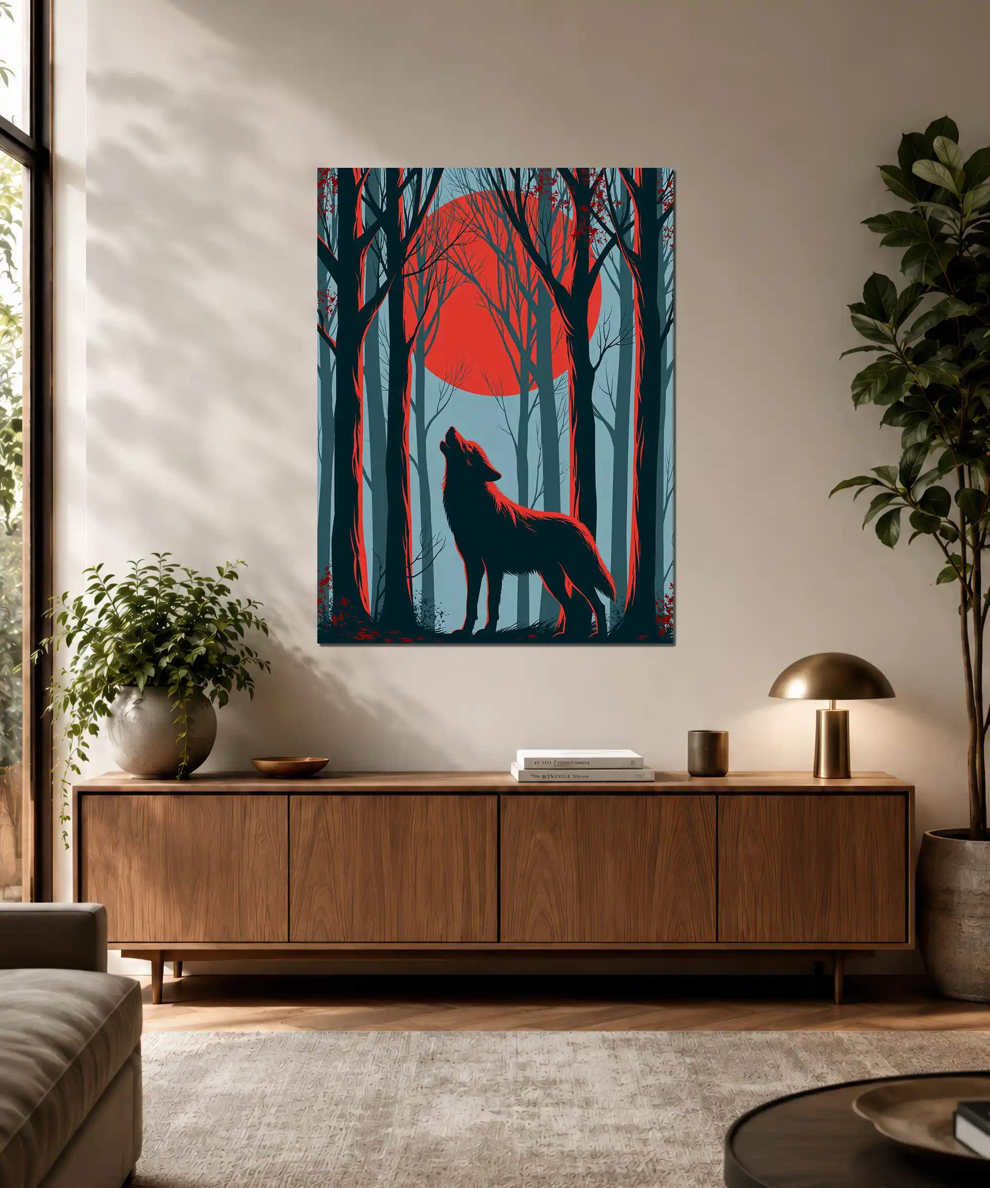Crimson Moon Wolf Poster 3 painting Crimson moon wolf wall art displayed in an interior setting with dark forest details