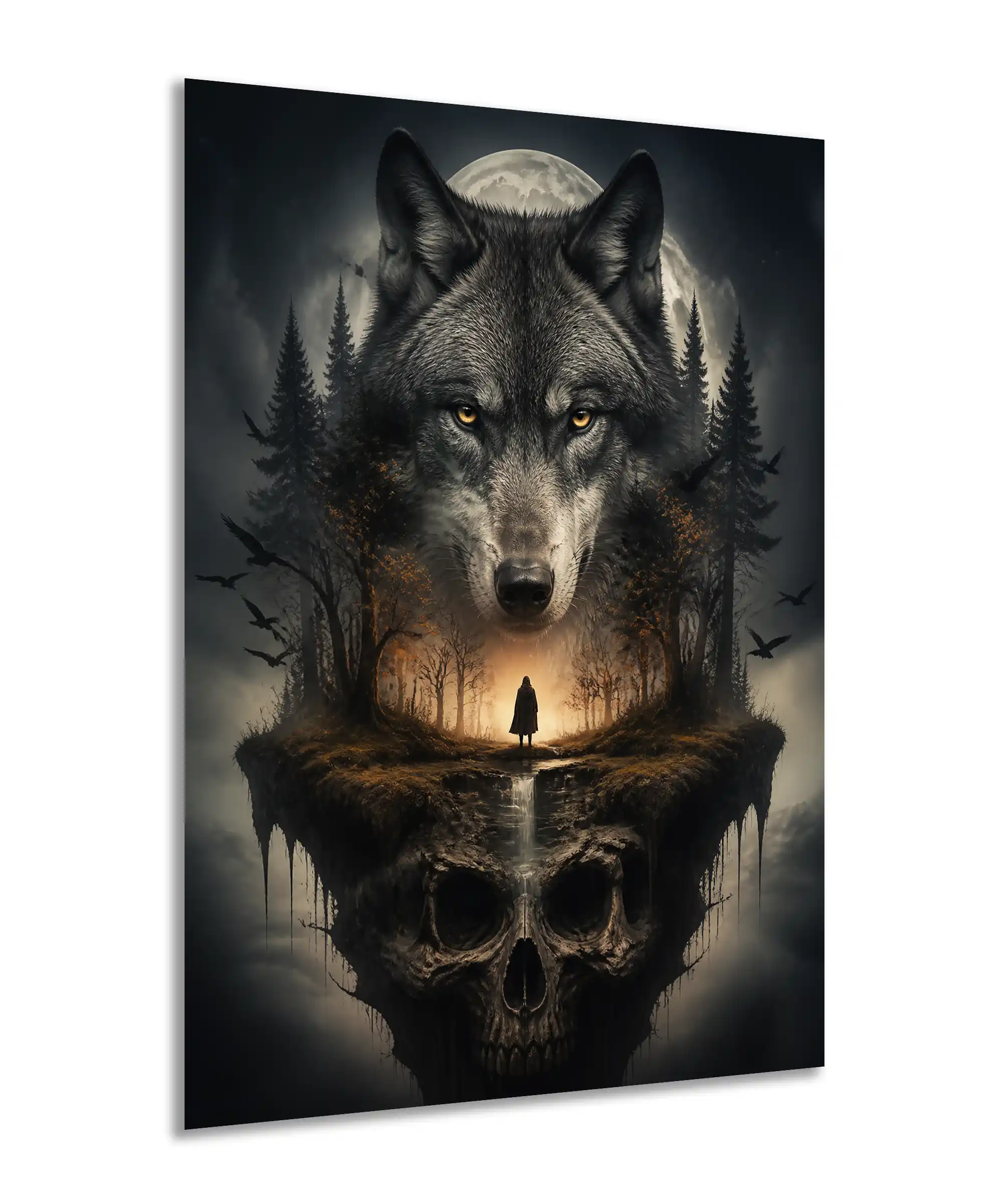 Moonlit Wolf Surreal Poster 2 painting Angled moonlit wolf poster showing a haunted forest, full moon, cloaked figure, and skull