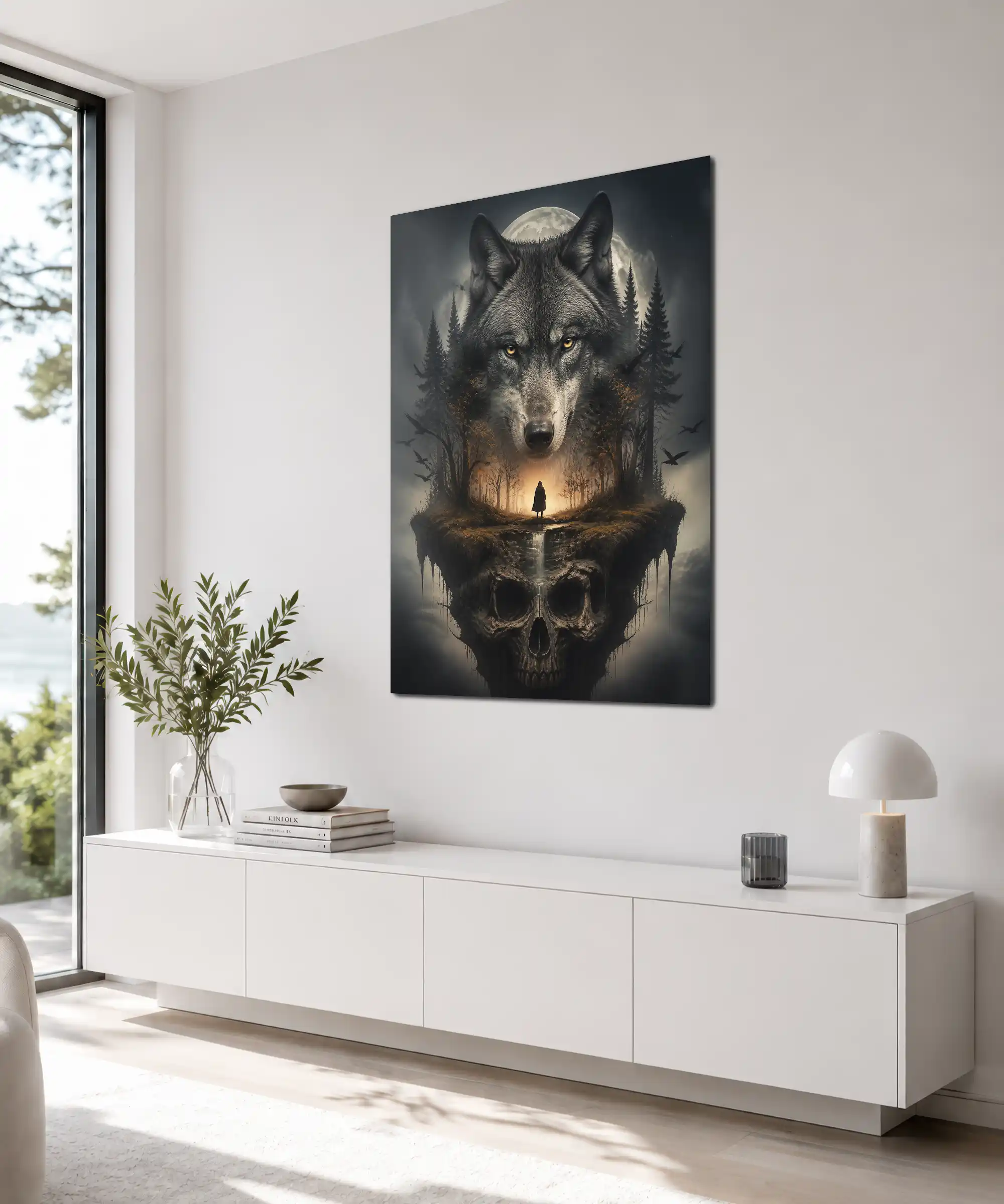 Moonlit Wolf Surreal Poster 4 painting Angled wolf and skull forest wall poster displayed in a dark interior setting