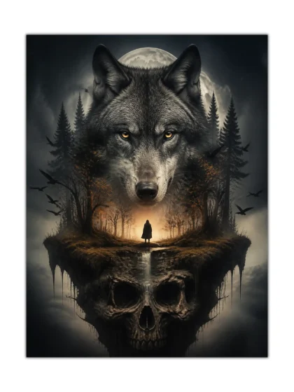 Moonlit wolf surreal poster with a cloaked figure, forest, ravens, and giant skull island