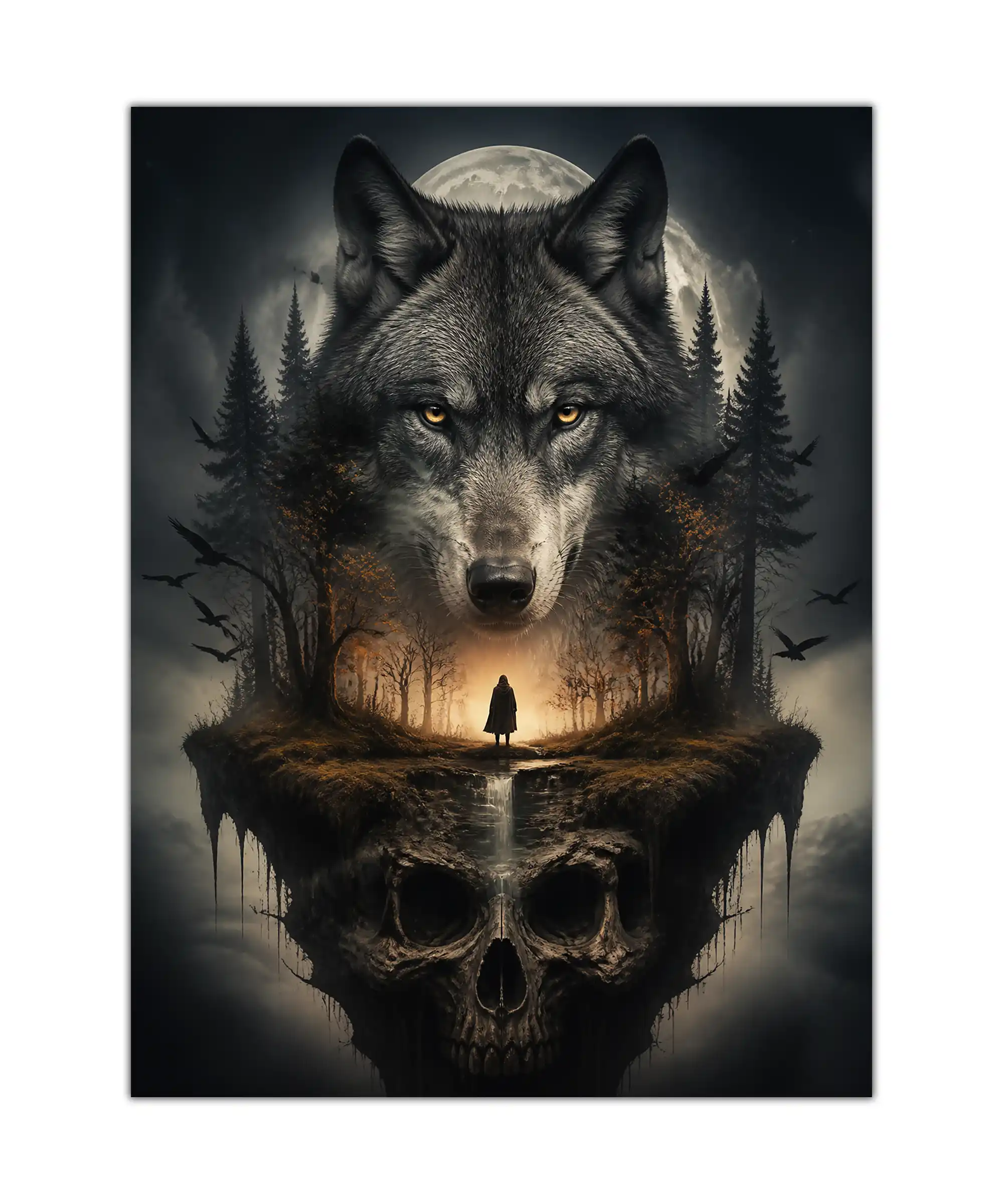 Moonlit Wolf Surreal Poster 1 painting Moonlit wolf surreal poster with a cloaked figure, forest, ravens, and giant skull island
