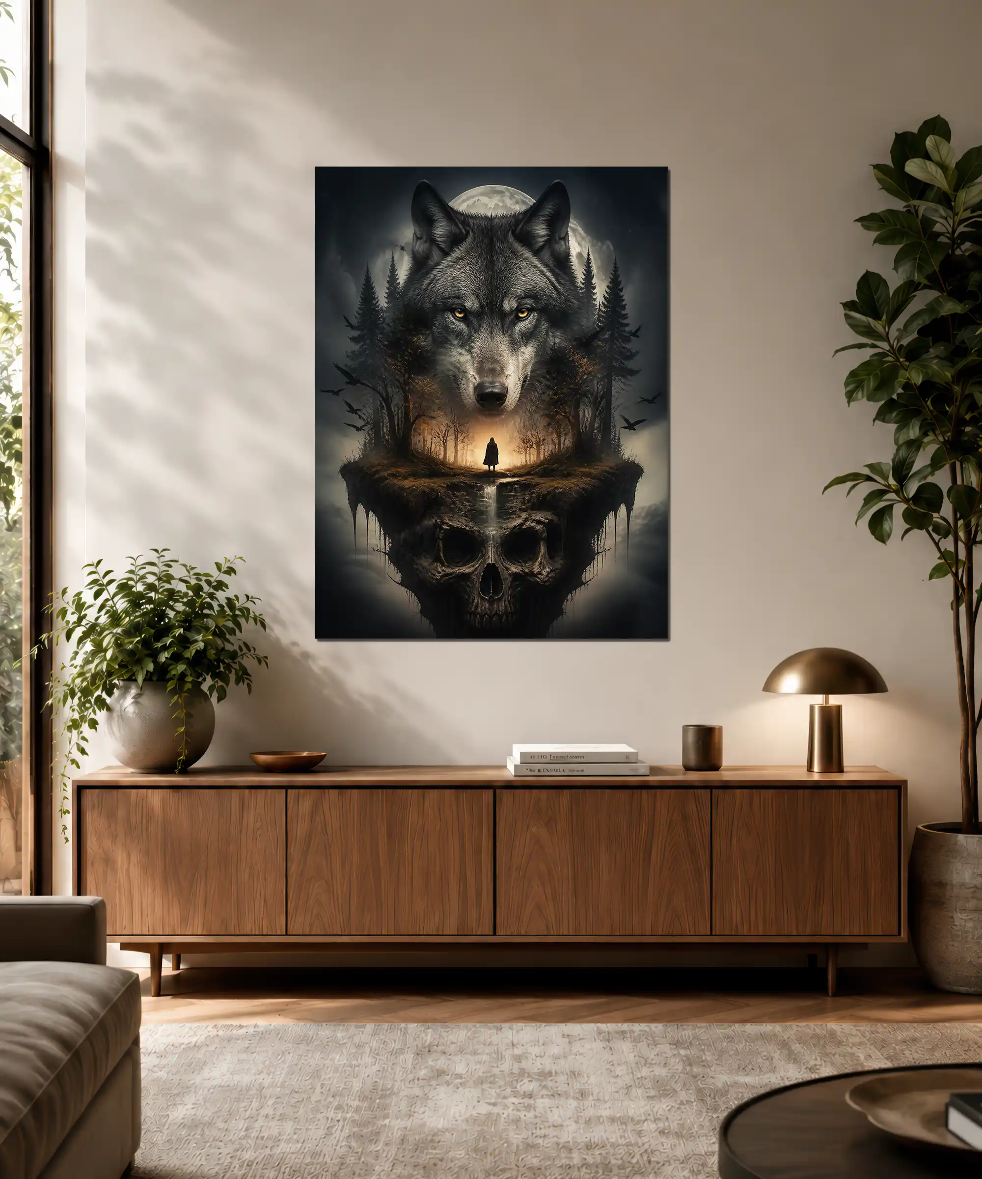 Moonlit Wolf Surreal Poster 3 painting Moonlit wolf surreal wall art displayed in an interior with a skull forest scene