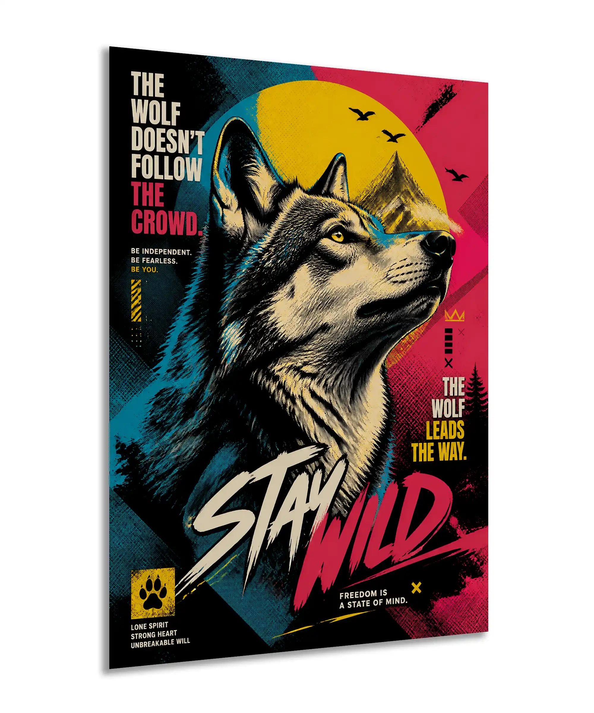 Lone Spirit Wolf Poster 2 painting Angled lone wolf poster showing detailed animal illustration and bright distressed graphic design