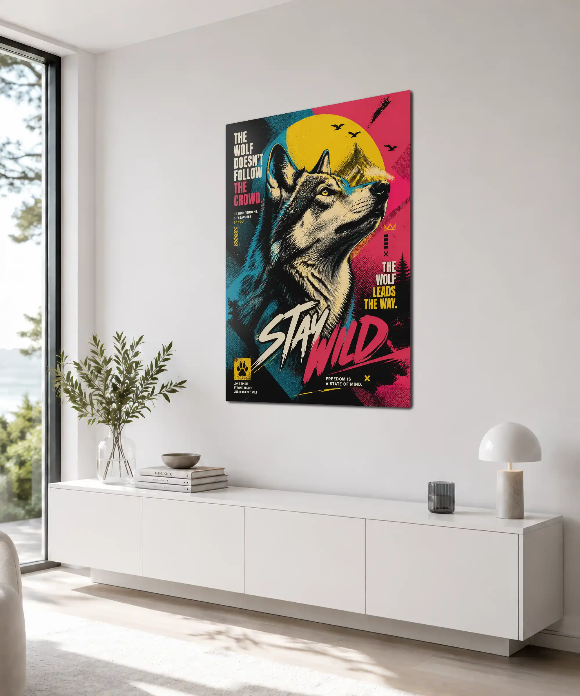 Lone Spirit Wolf Poster 4 painting Angled wolf wall art displayed indoors with mountain imagery and independent wild spirit