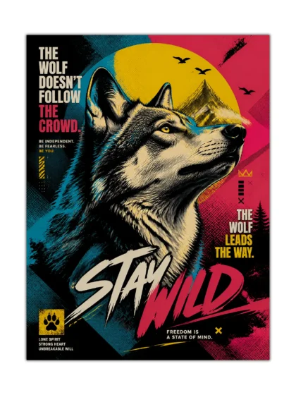 Lone wolf poster with bold graphic colors, mountain peaks, golden sun, and fearless lettering