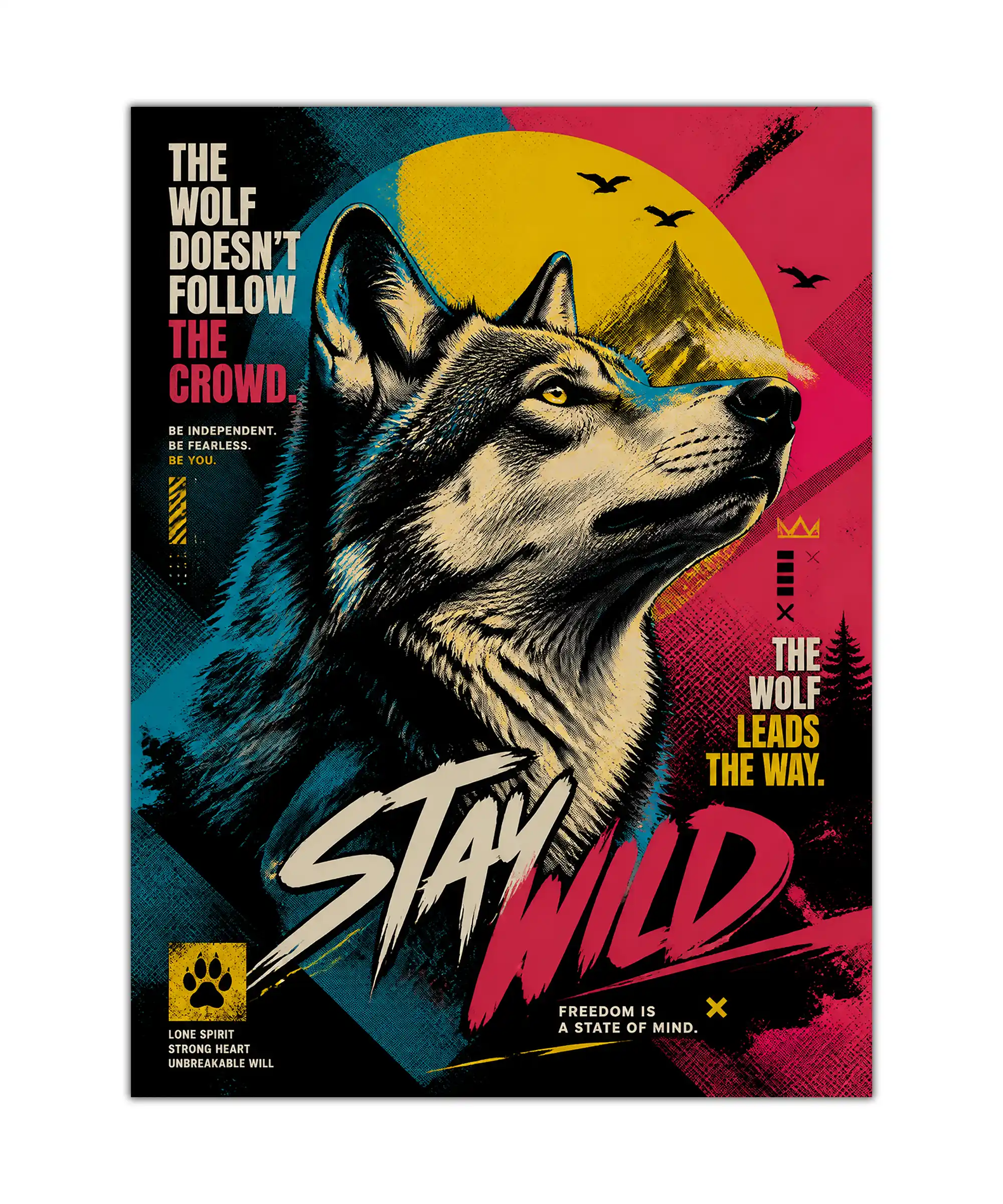 Lone Spirit Wolf Poster 1 painting Lone wolf poster with bold graphic colors, mountain peaks, golden sun, and fearless lettering