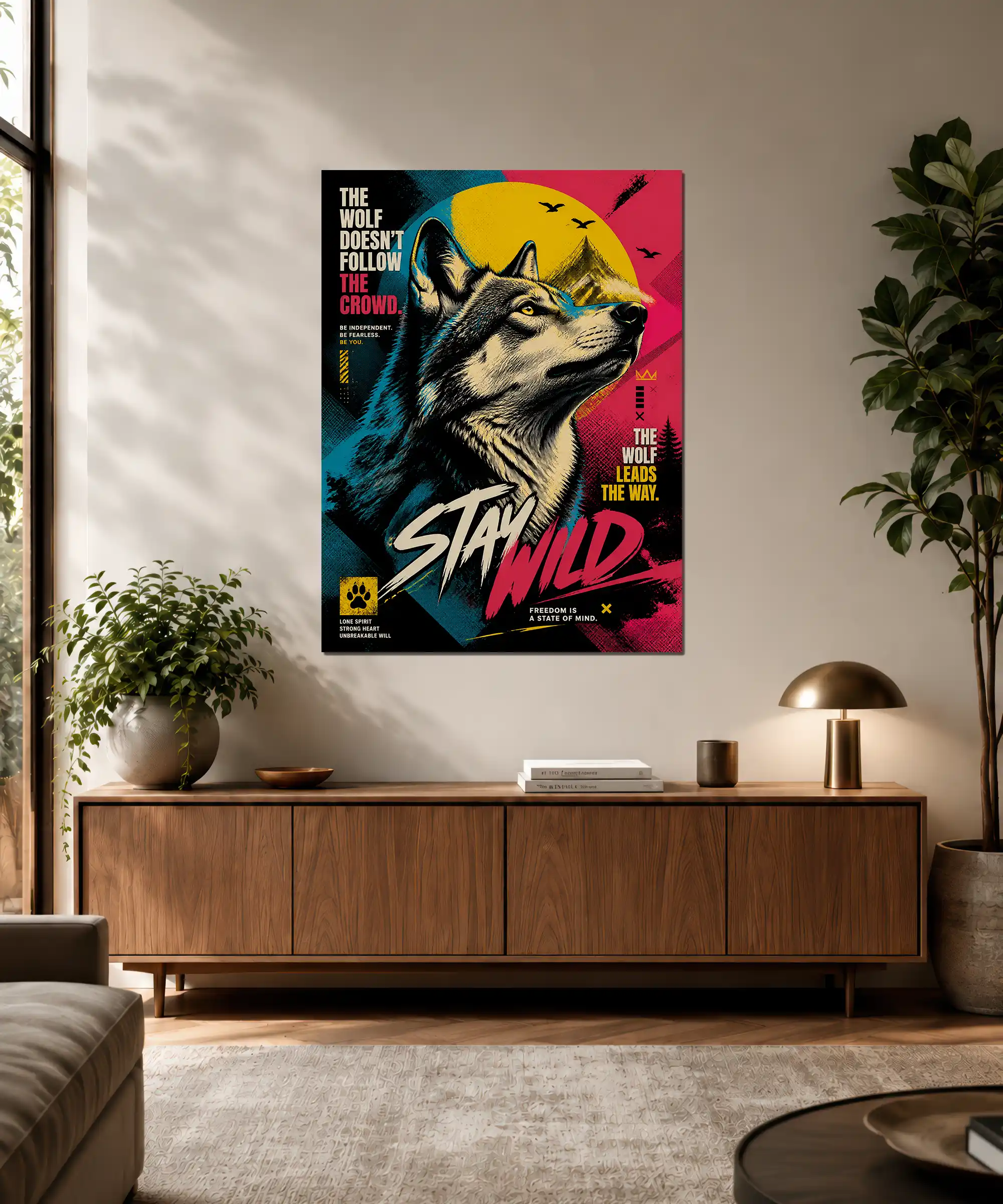 Lone Spirit Wolf Poster 3 painting Lone wolf wall poster displayed in an interior with bold colors and motivational graphic style