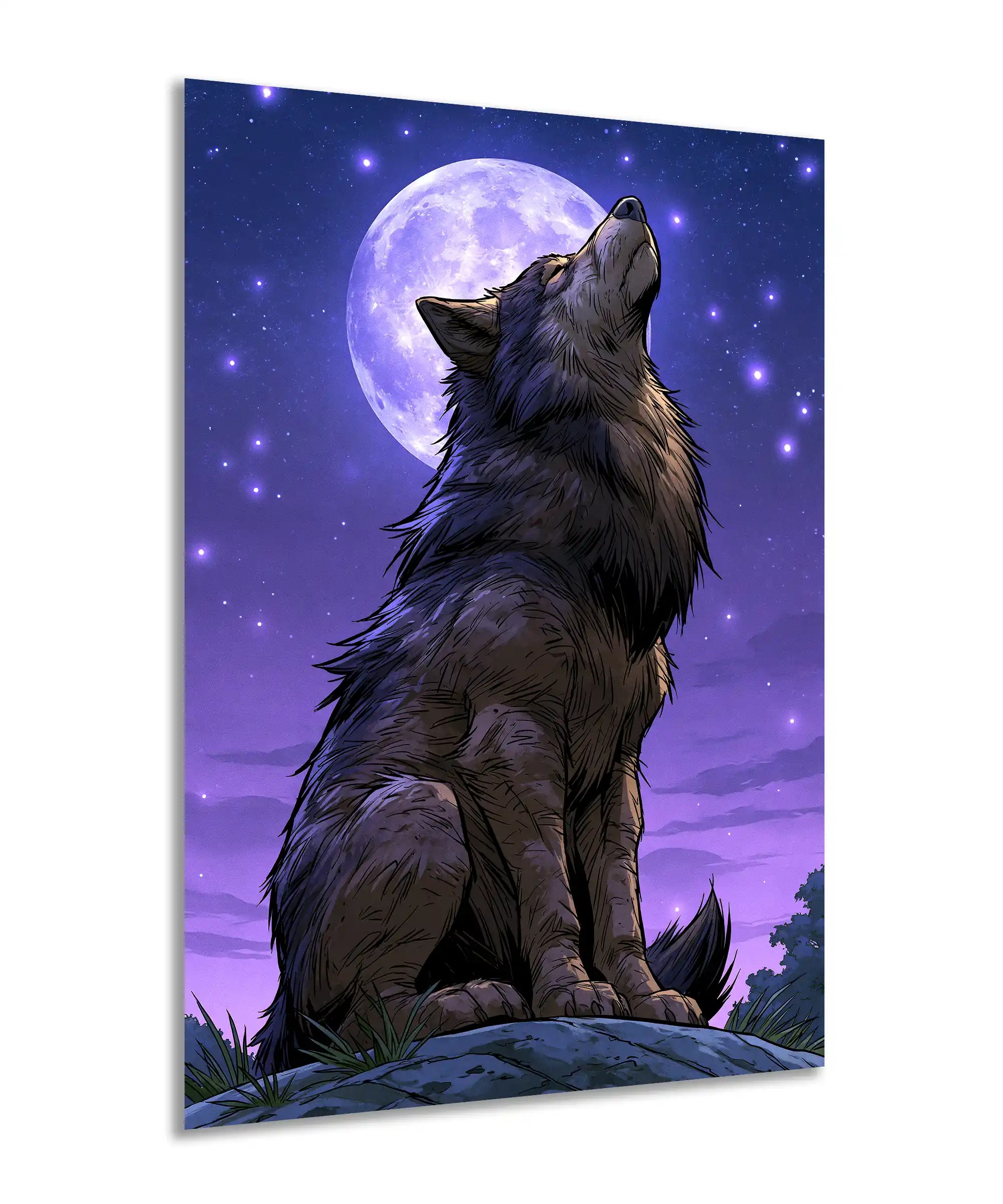 Moonlit Wolf Poster 2 painting Angled moonlit wolf poster showing a howling animal against a purple starry sky