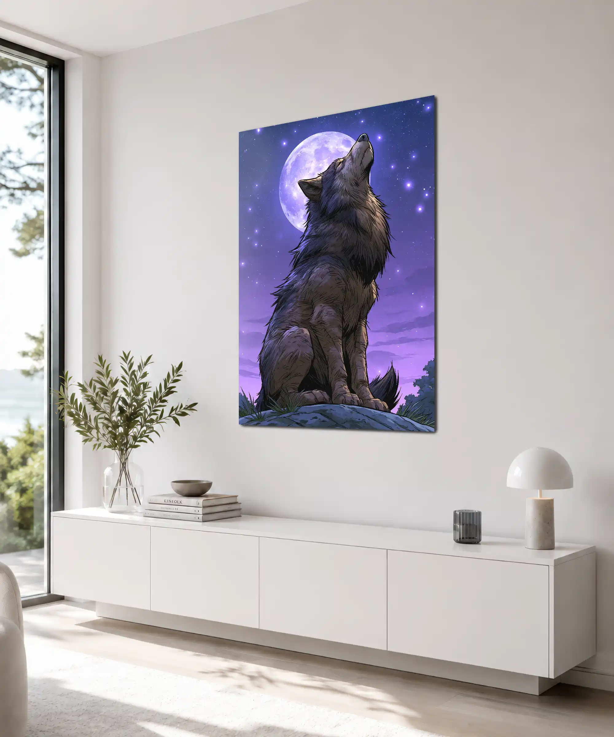 Moonlit Wolf Poster 4 painting Angled wolf wall art featuring a full moon, stars, and a deep purple wilderness scene