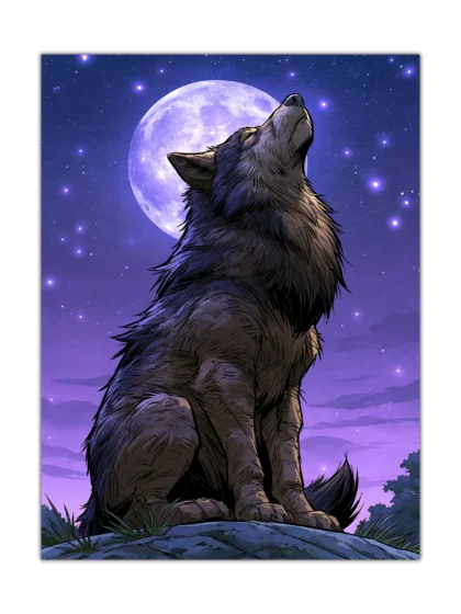 Illustrated wolf howling beneath a glowing full moon in a violet starry night poster