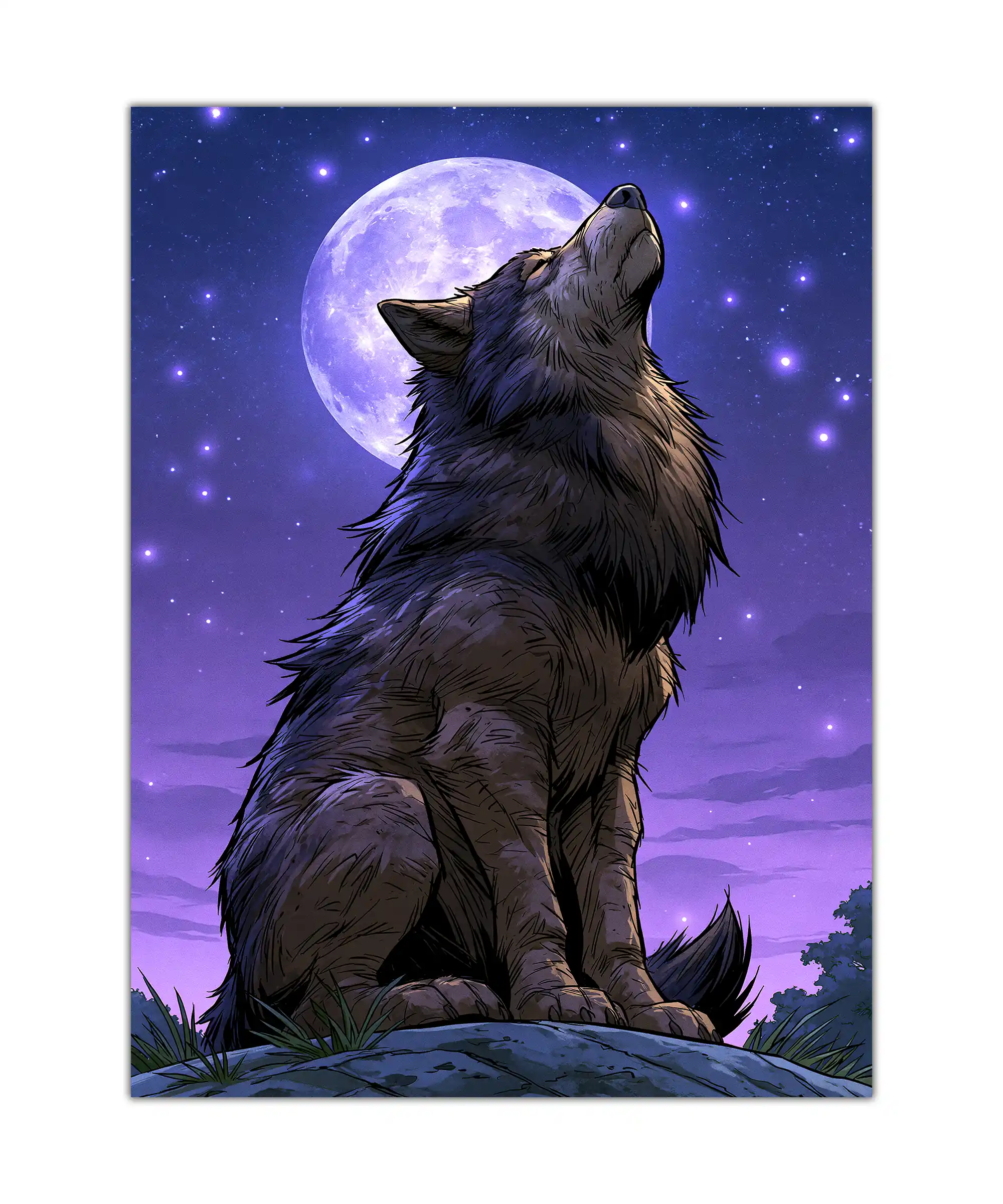 Moonlit Wolf Poster 1 painting Illustrated wolf howling beneath a glowing full moon in a violet starry night poster