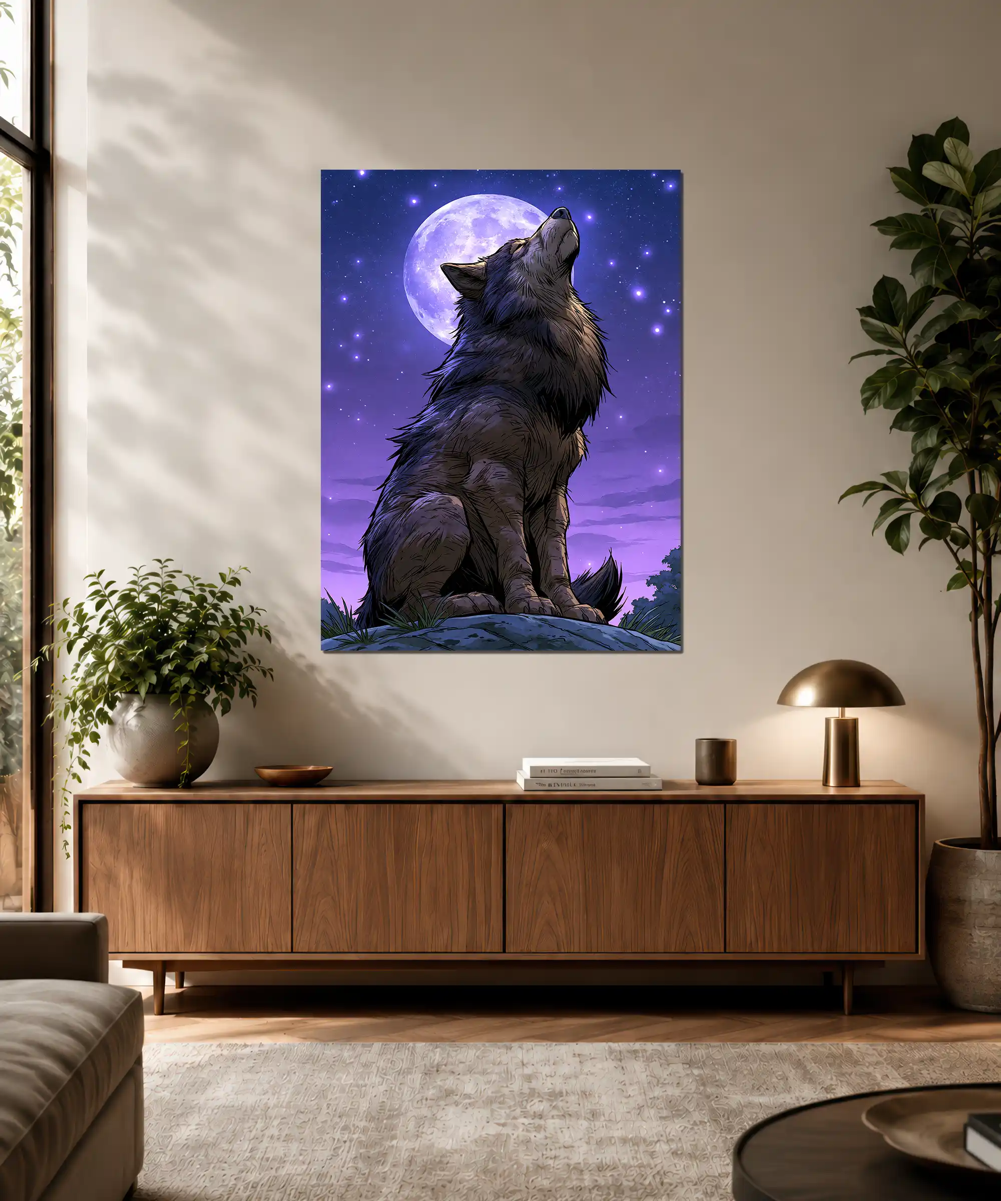 Moonlit Wolf Poster 3 painting Moonlit wolf wall poster displayed in an interior with dramatic violet night colors