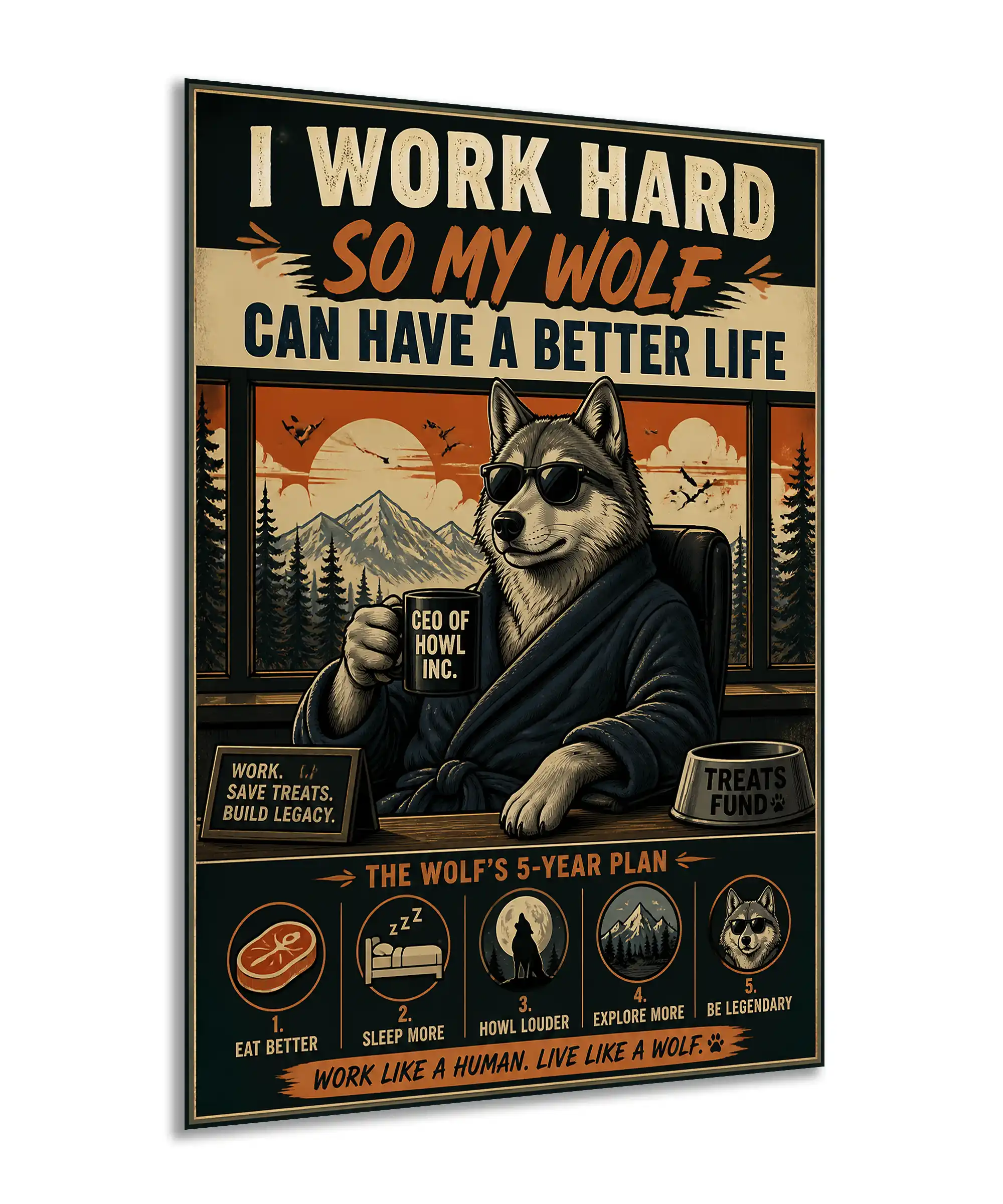 Wolf Motivational Poster 2 painting Angled wolf executive poster with retro colors, office humor, and mountain landscape