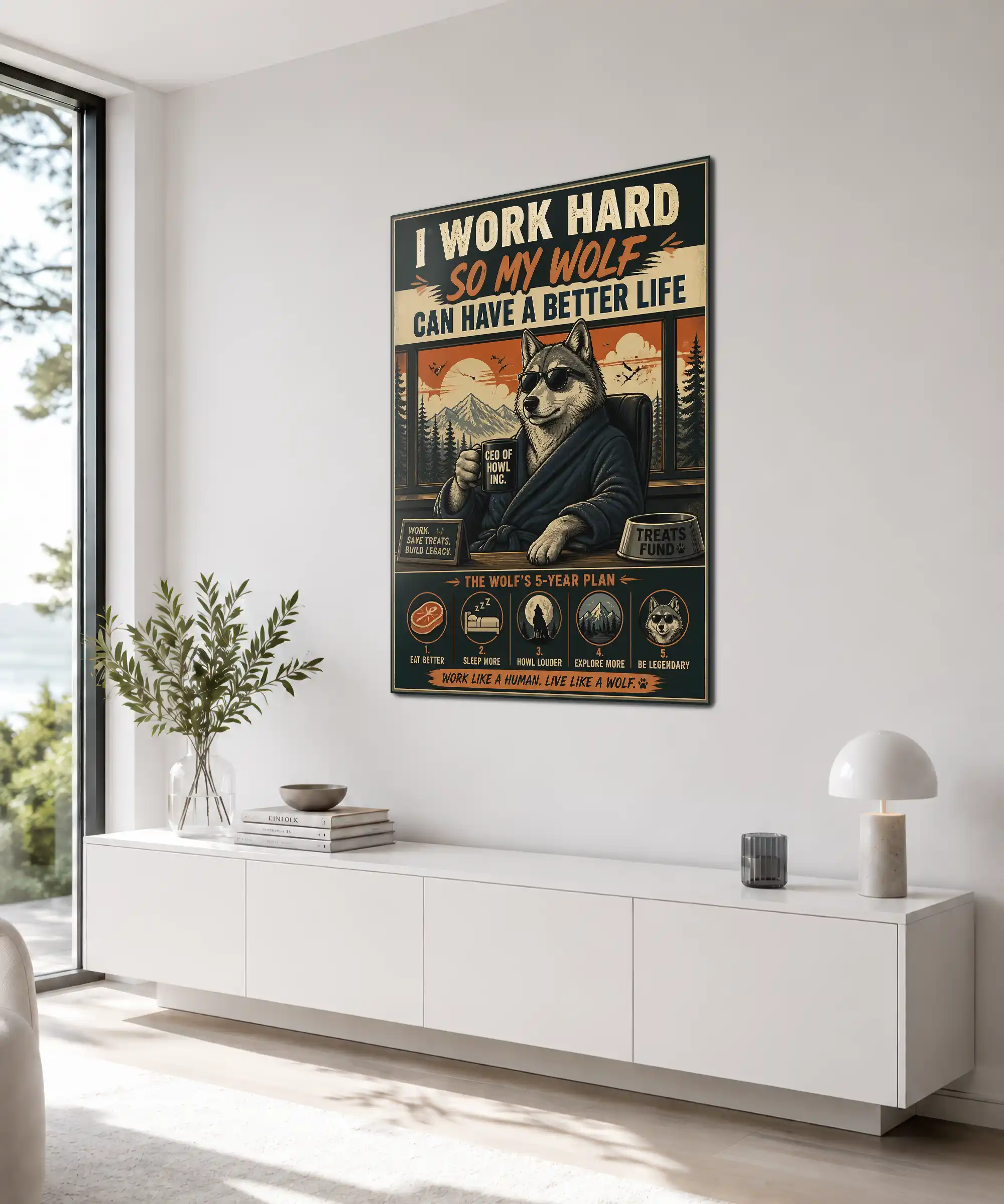 Wolf Motivational Poster 4 painting Angled wolf CEO wall art in an interior with vintage lettering and treat fund humor