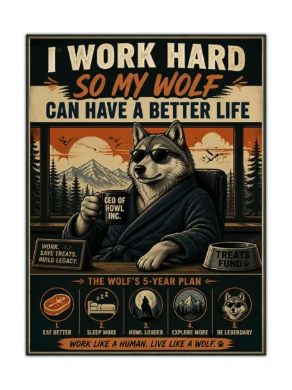 Vintage wolf CEO motivational poster with mountain scenery and humorous five-year plan