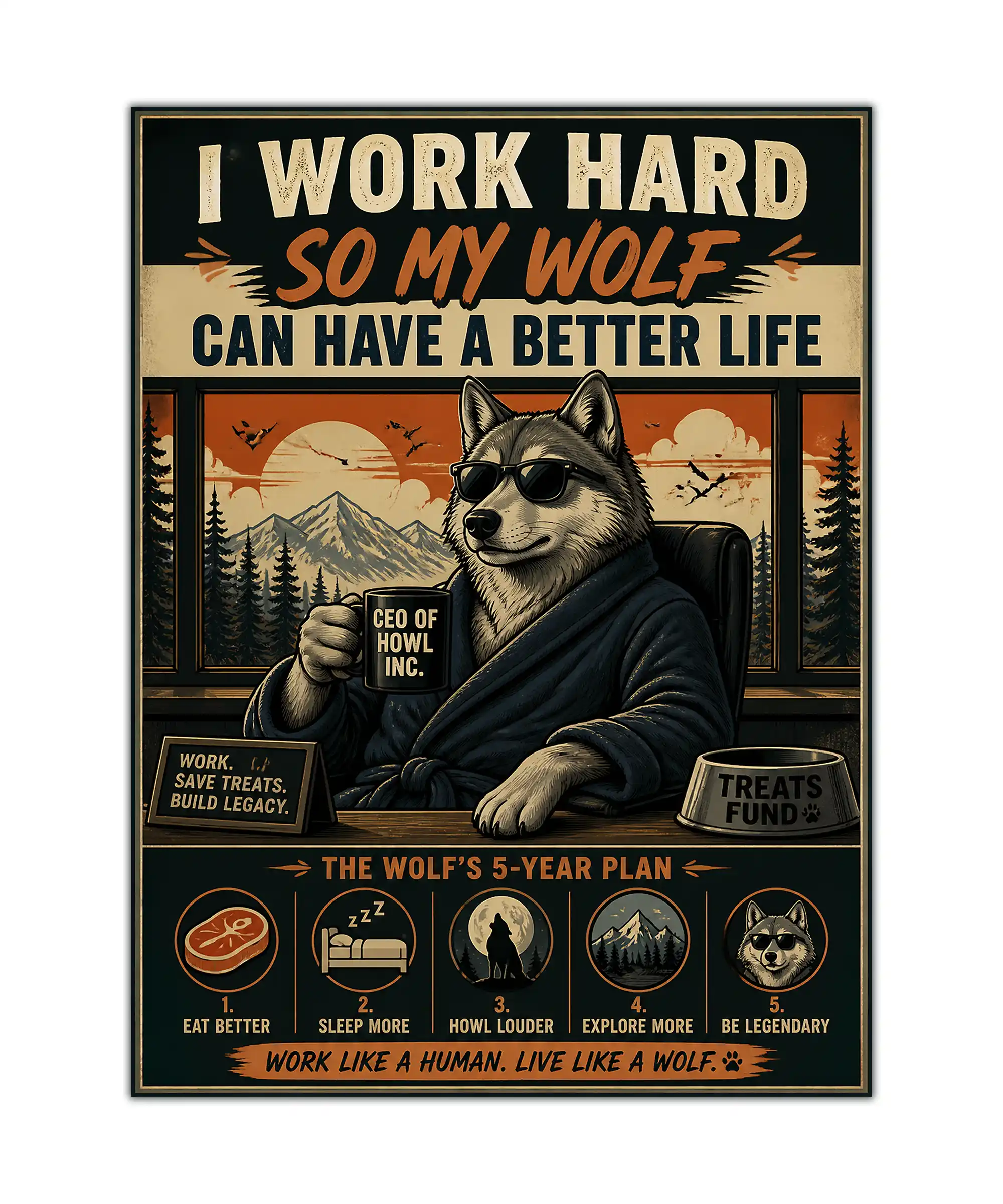 Wolf Motivational Poster 1 painting Vintage wolf CEO motivational poster with mountain scenery and humorous five-year plan