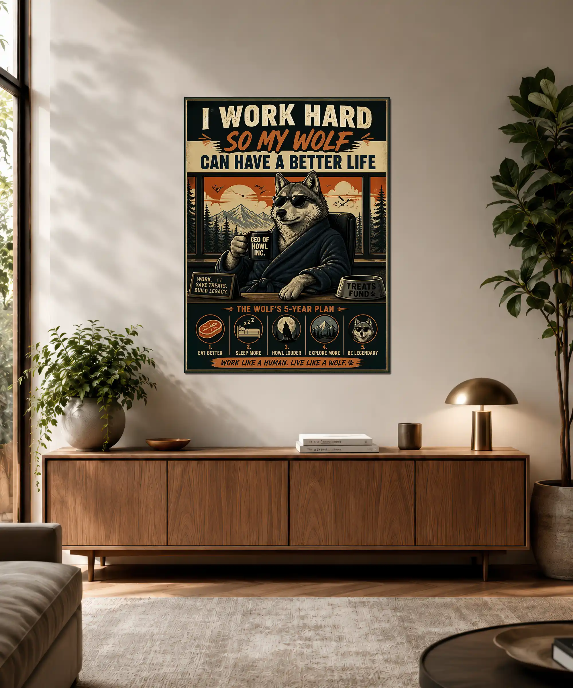 Wolf Motivational Poster 3 painting Wolf motivational wall art displayed in an office with retro mountain scenery