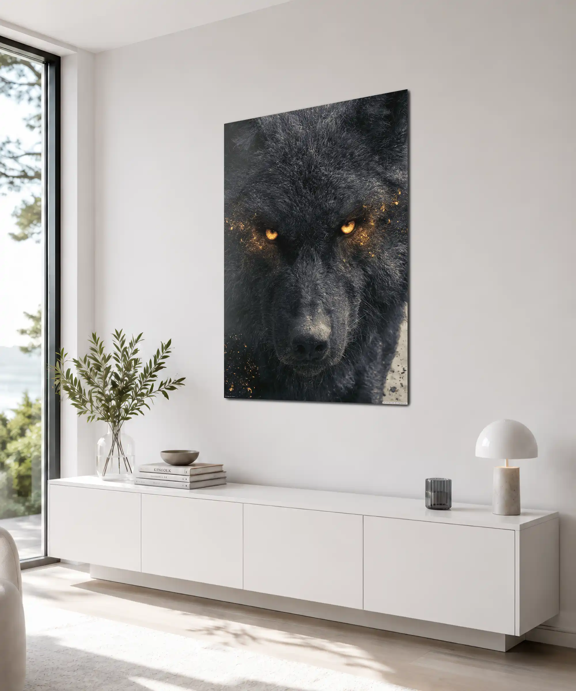 Midnight Wolf Poster 4 painting Angled wolf wall art in an interior with dark fur and golden highlights