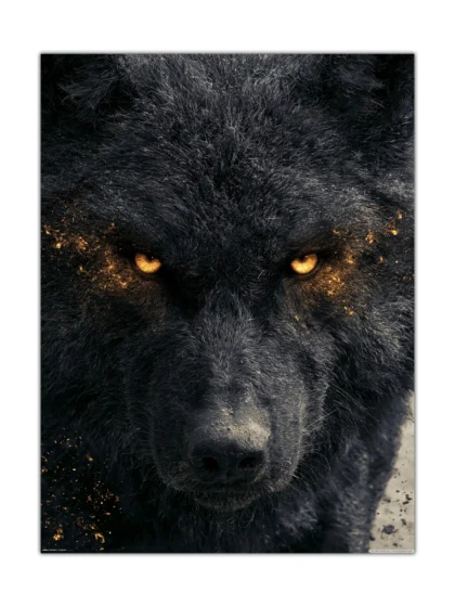 Black wolf poster with glowing amber eyes in a dramatic close-up portrait