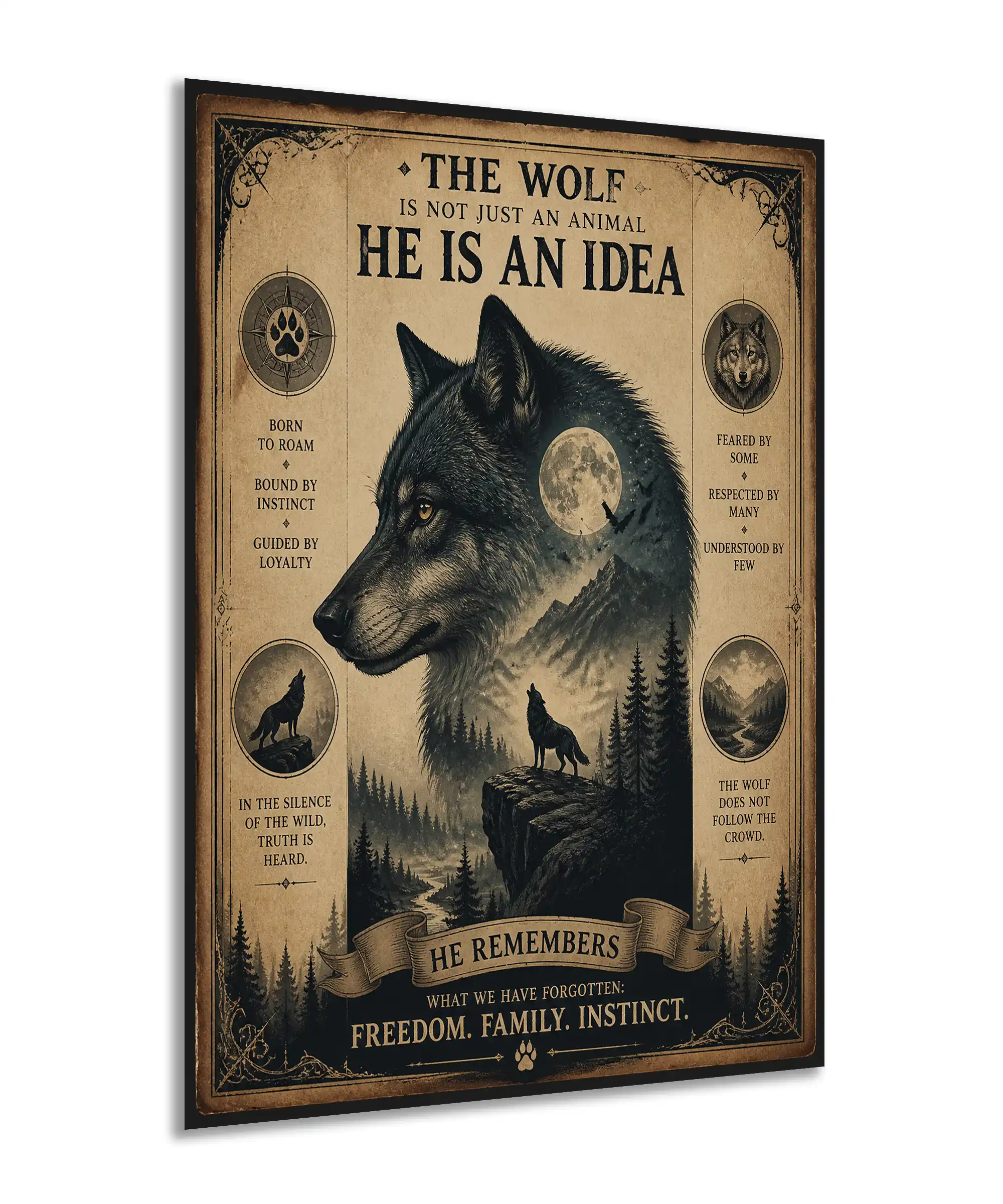Wolf Vintage Poster 2 painting Angled vintage wolf poster featuring a mountain landscape, pine trees, moon, and rustic typography