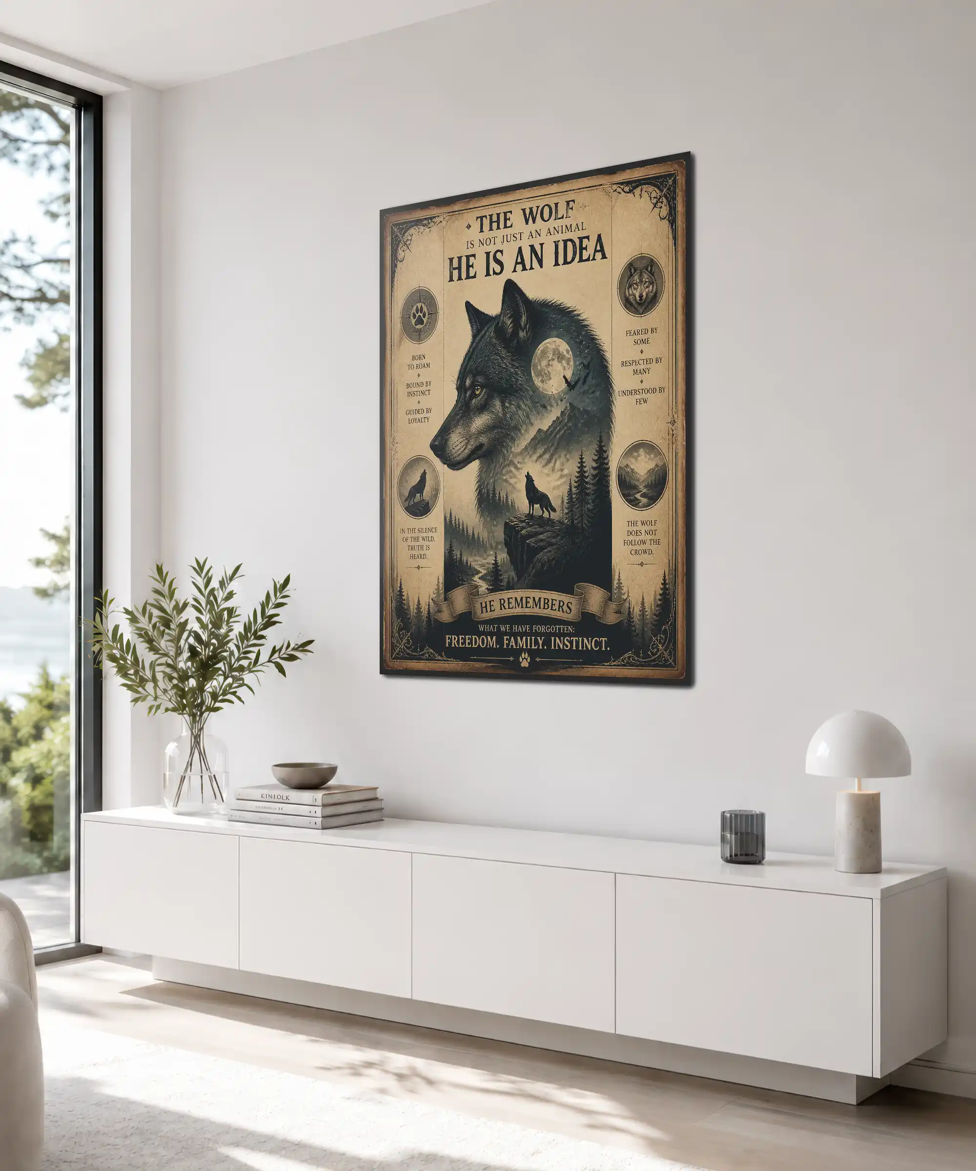 Wolf Vintage Poster 4 painting Angled wolf wall art in an interior with vintage typography and wilderness landscape details