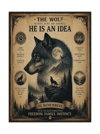 Vintage wolf poster with a large portrait, moonlit mountains, pine forest, and bold wilderness text