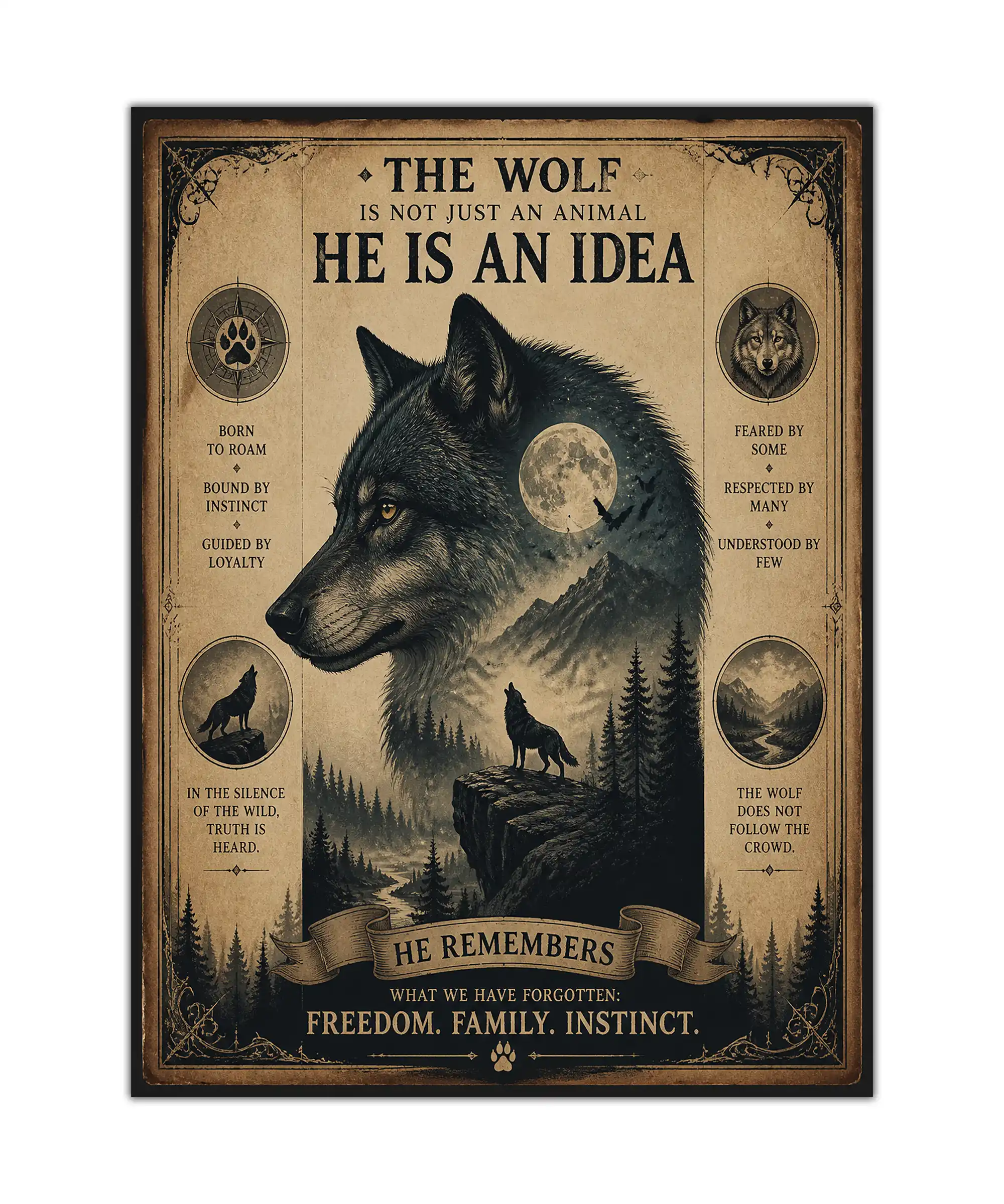 Wolf Vintage Poster 1 painting Vintage wolf poster with a large portrait, moonlit mountains, pine forest, and bold wilderness text