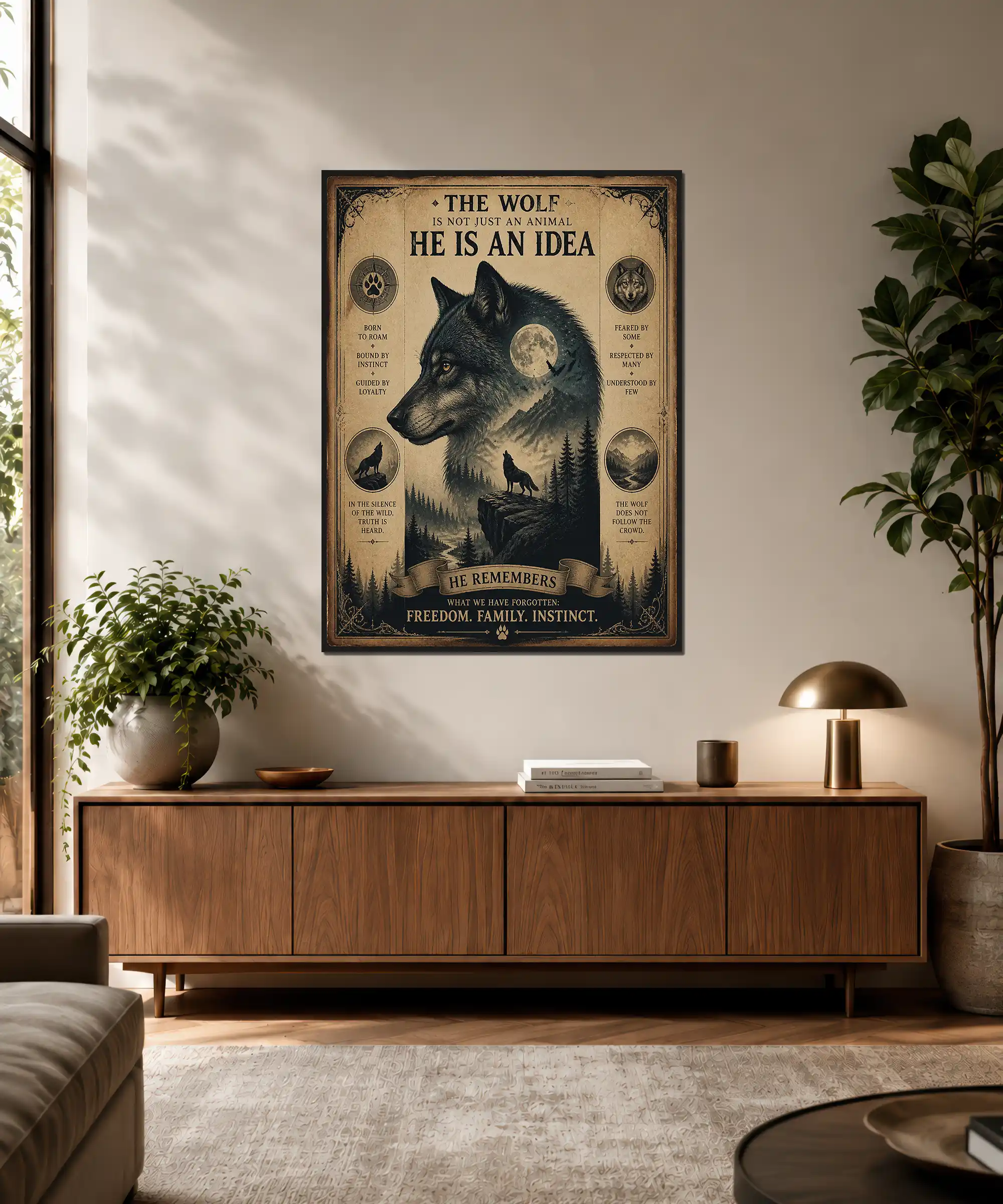 Wolf Vintage Poster 3 painting Vintage wolf wall art displayed in an interior with moonlit mountains and dark pine forest