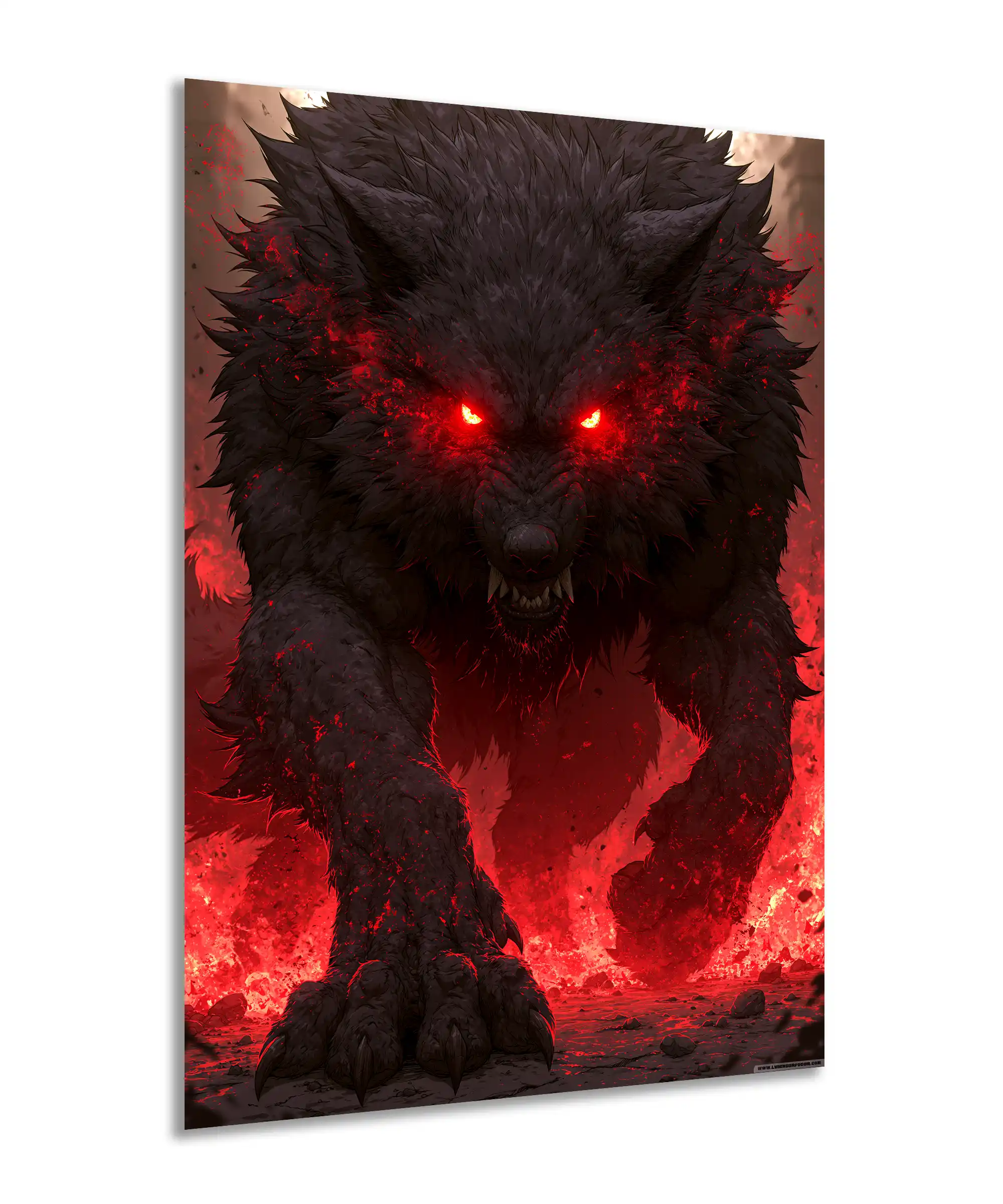 Werewolf Horror Poster 2 painting Angled werewolf poster featuring a snarling black beast, glowing eyes, claws, and intense red flames
