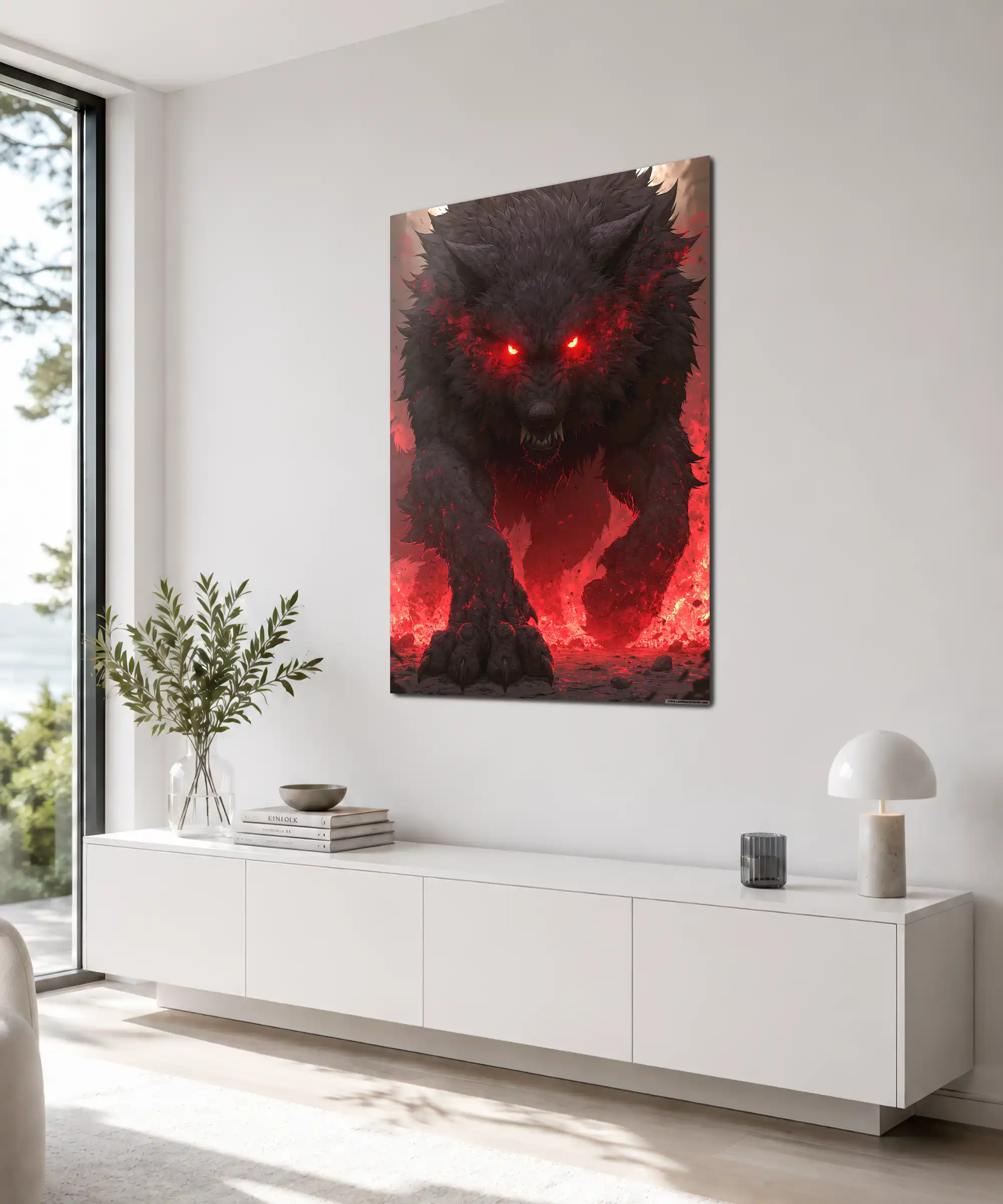 Werewolf Horror Poster 4 painting Angled werewolf wall art in an interior, showing a fierce black creature amid red fire and shadows