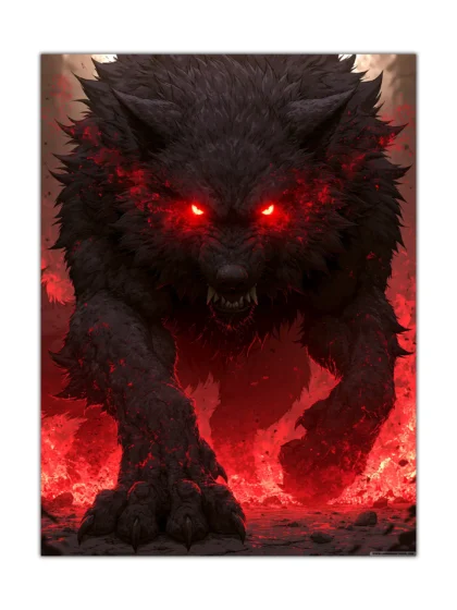 Werewolf horror poster showing a black-furred beast with glowing eyes against a red fiery background