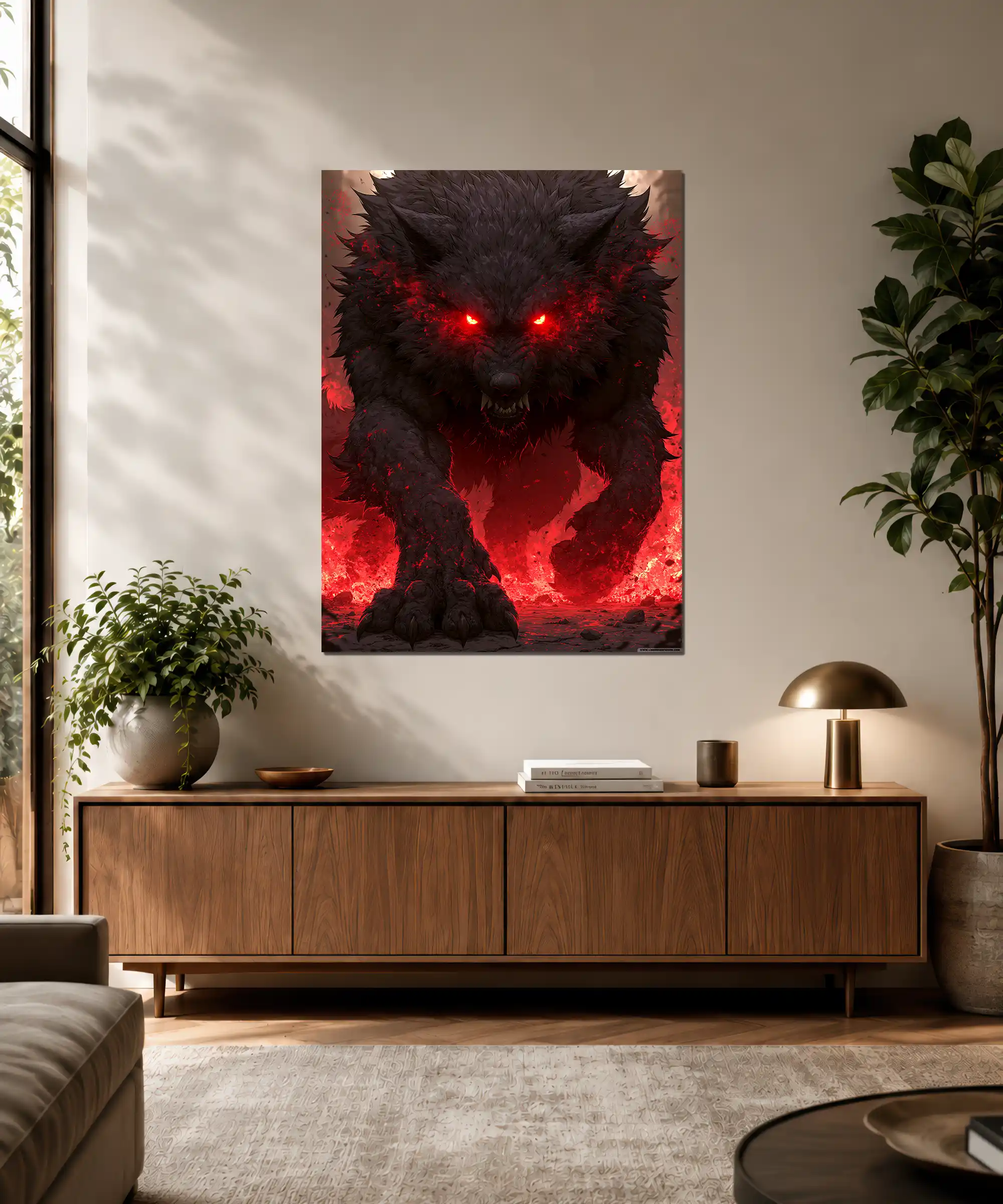 Werewolf Horror Poster 3 painting Werewolf wall poster displayed in an interior, with glowing eyes and red dark fantasy artwork