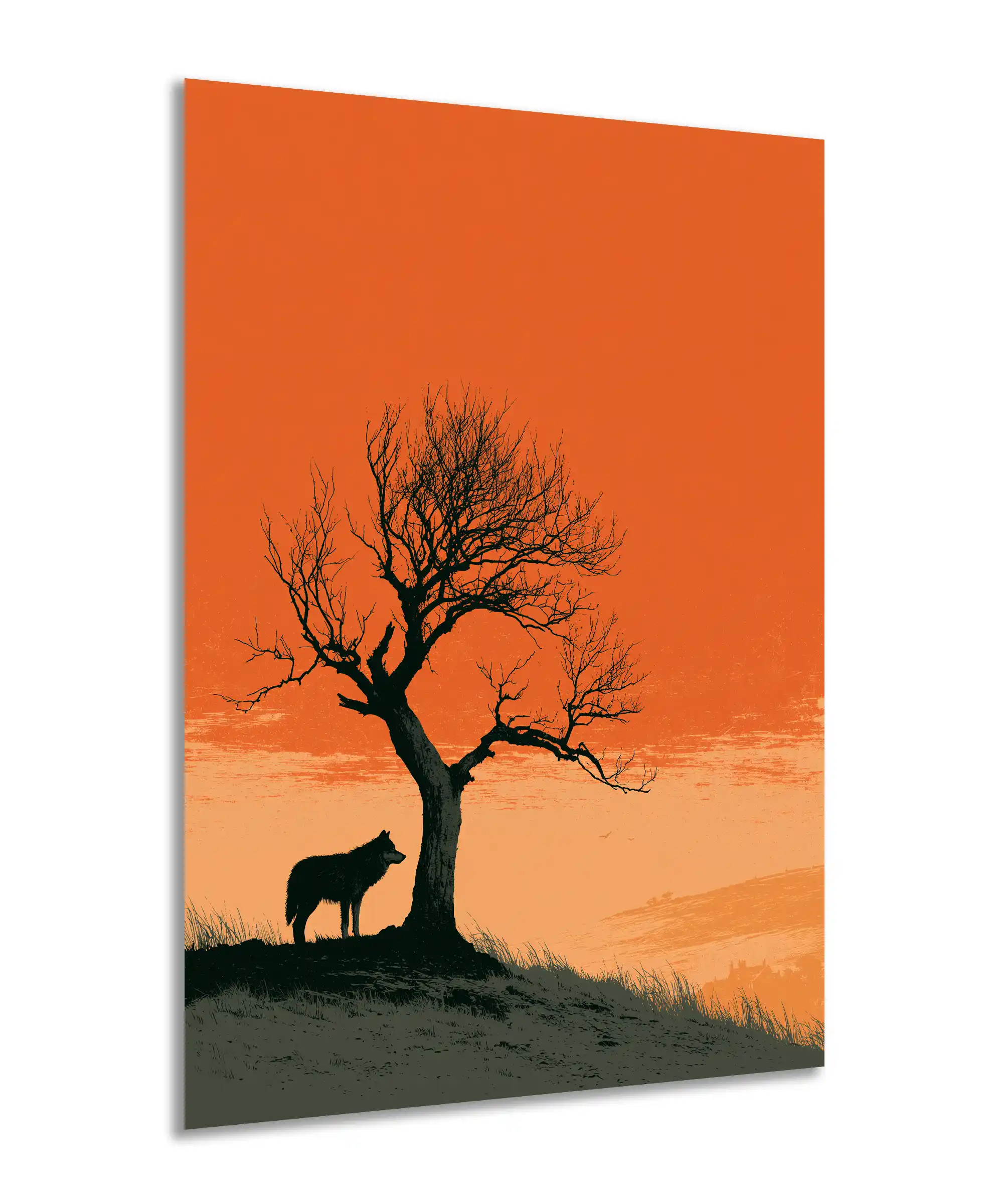 Lone Wolf Poster 2 painting Angled lone wolf poster with bare tree and glowing orange landscape