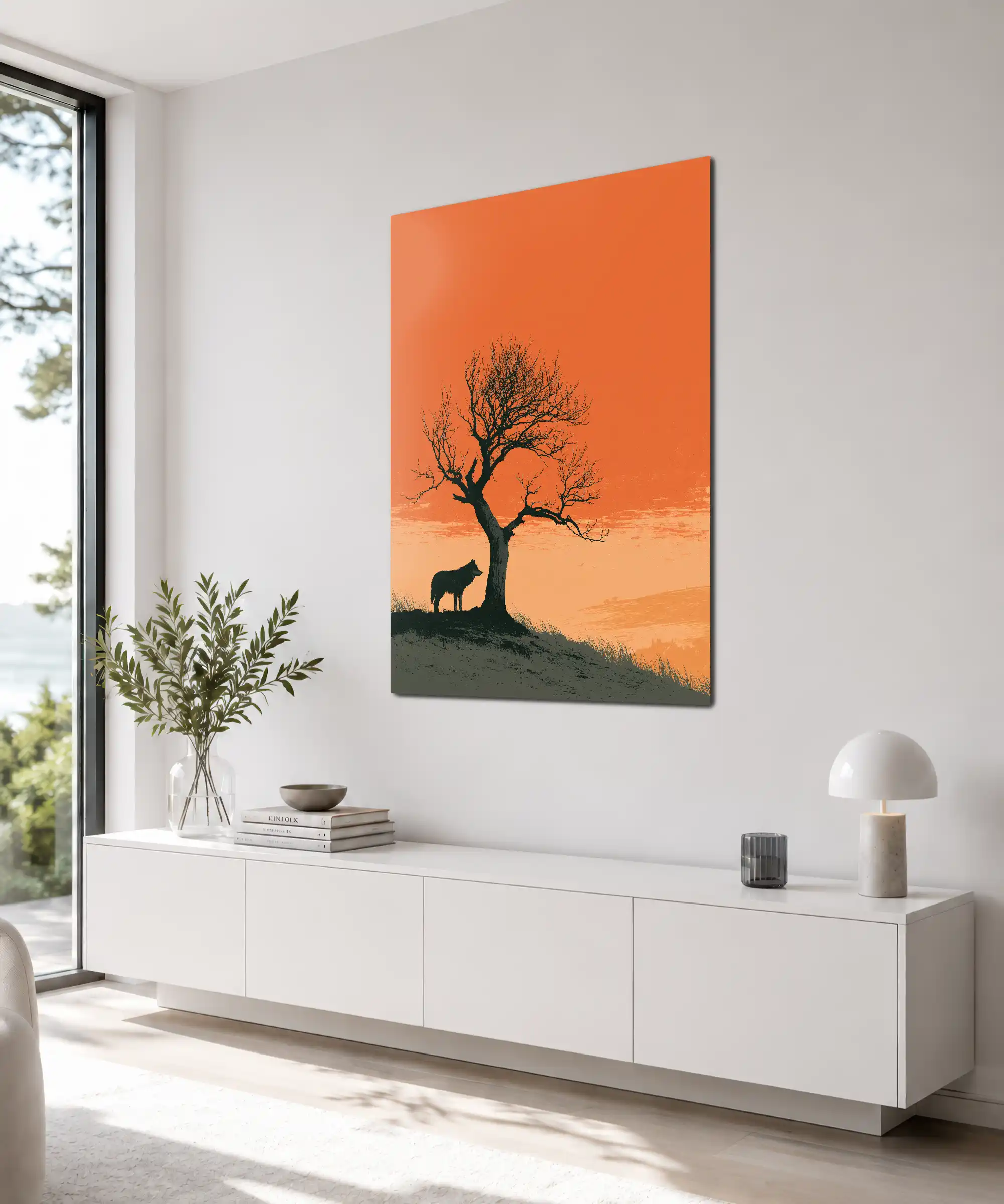 Lone Wolf Poster 4 painting Angled wolf sunset poster displayed on an interior wall