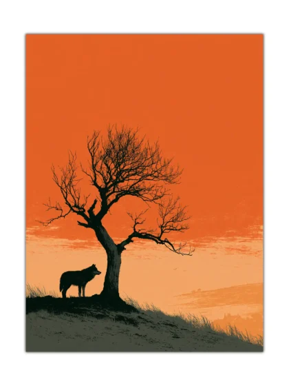 Lone black wolf beneath a leafless tree in an orange sunset poster
