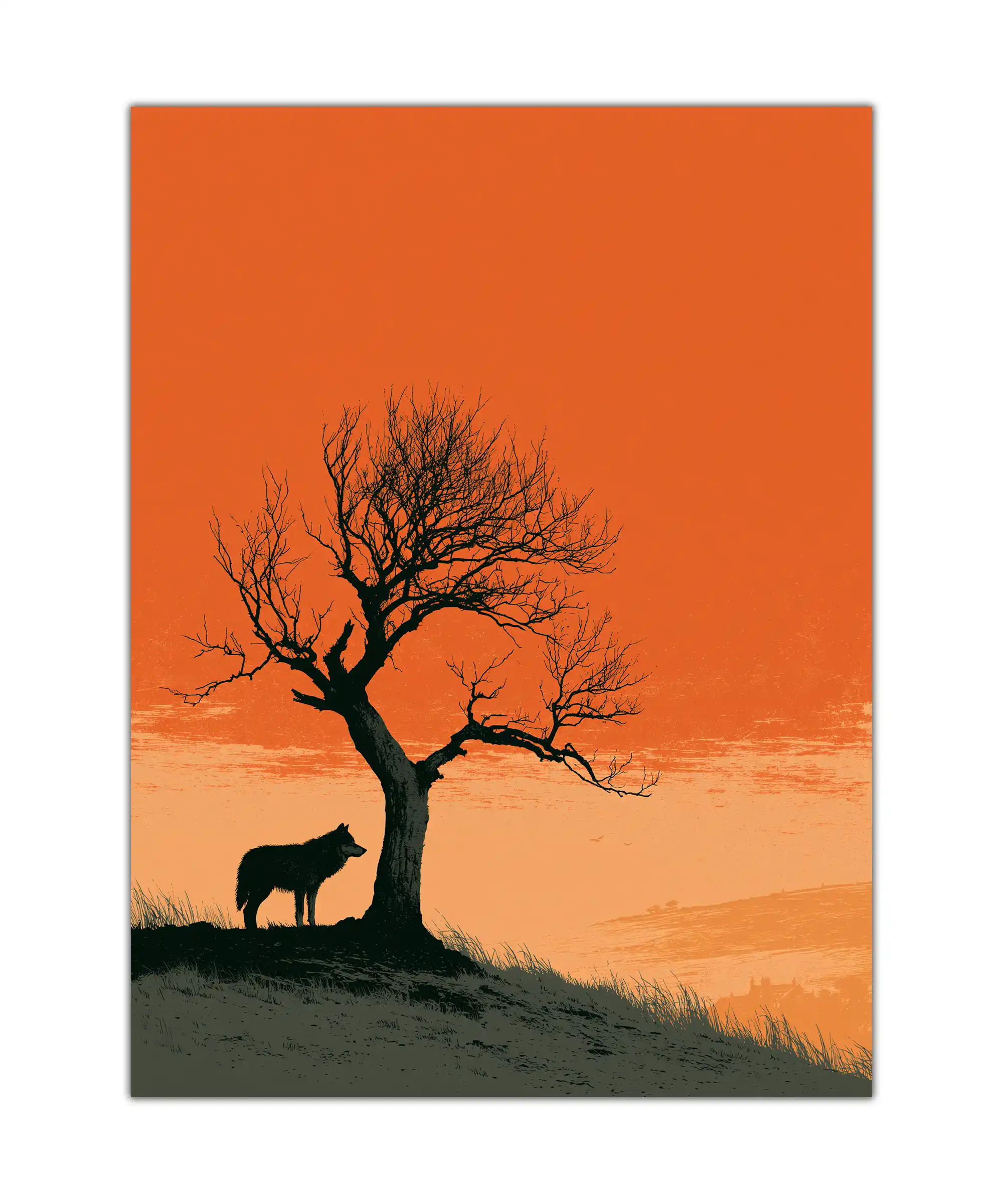 Lone Wolf Poster 1 painting Lone black wolf beneath a leafless tree in an orange sunset poster
