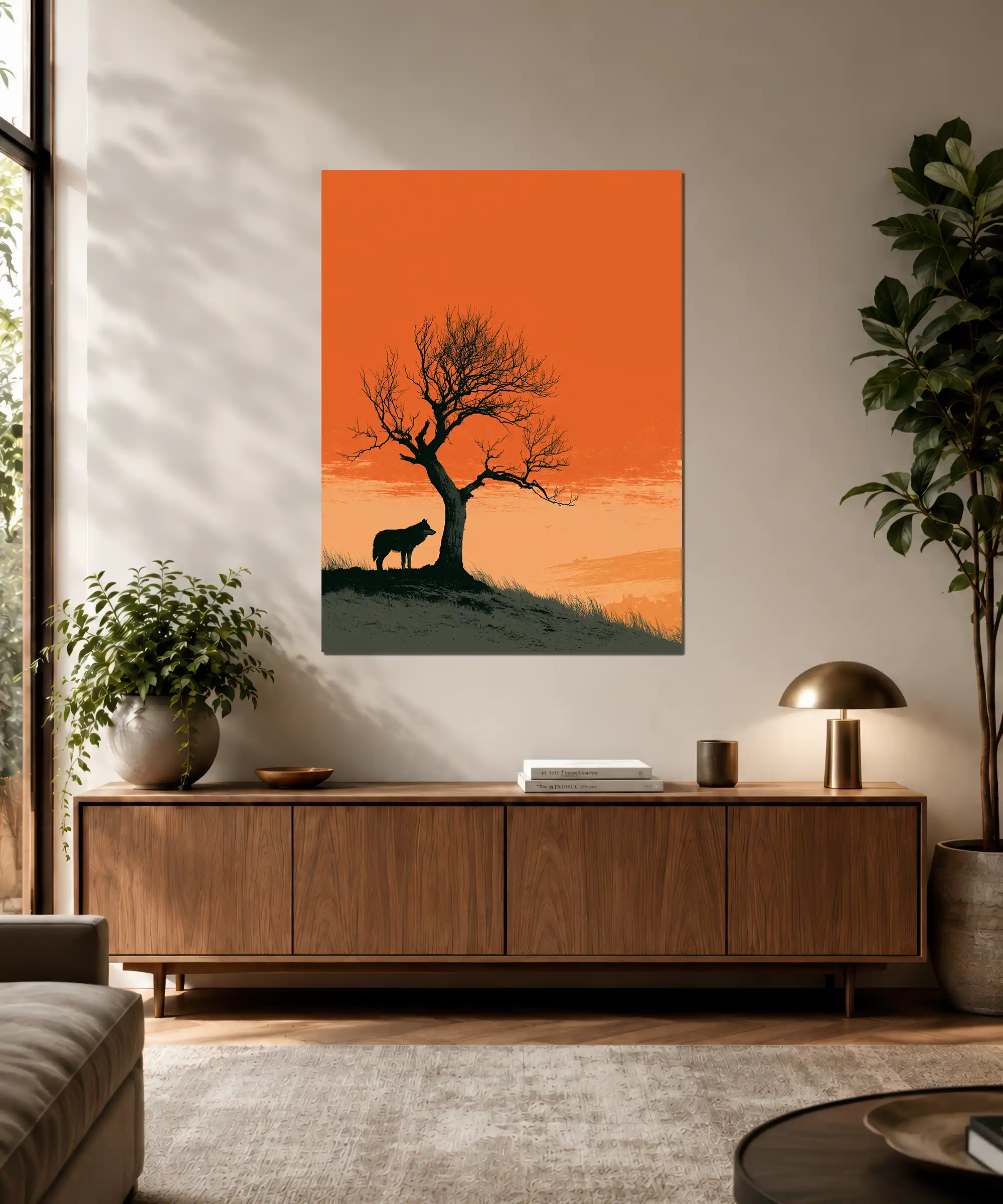 Lone Wolf Poster 3 painting Lone wolf and leafless tree poster displayed in a warm interior