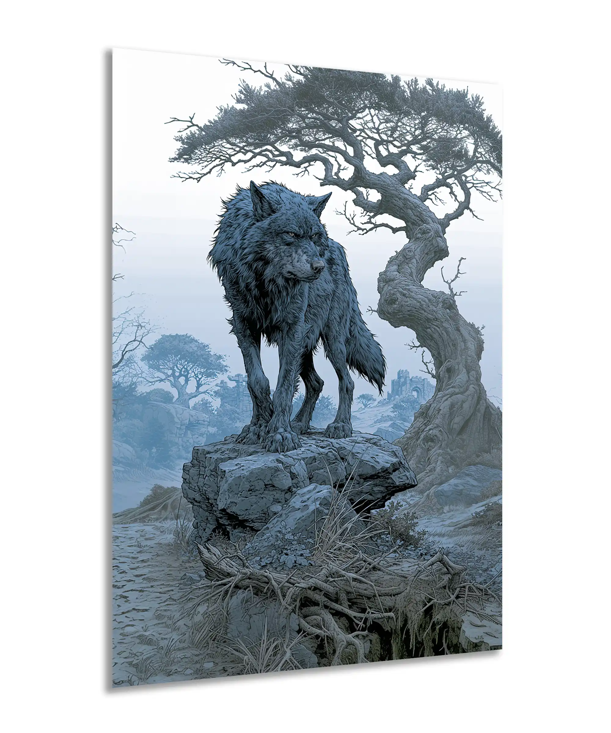 Ironwood Wolf Poster 2 painting Angled wolf poster showing a blue-gray guardian in a ruined wilderness