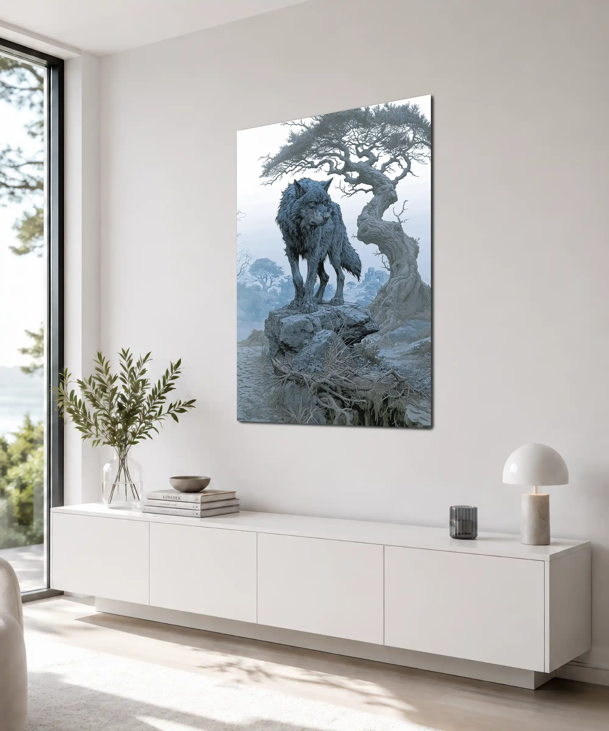 Ironwood Wolf Poster 4 painting Angled wolf wall art displayed indoors with twisted tree and rocky terrain