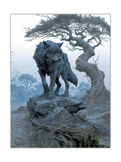 Blue-gray wolf poster on a rocky ledge beneath a twisted ancient tree