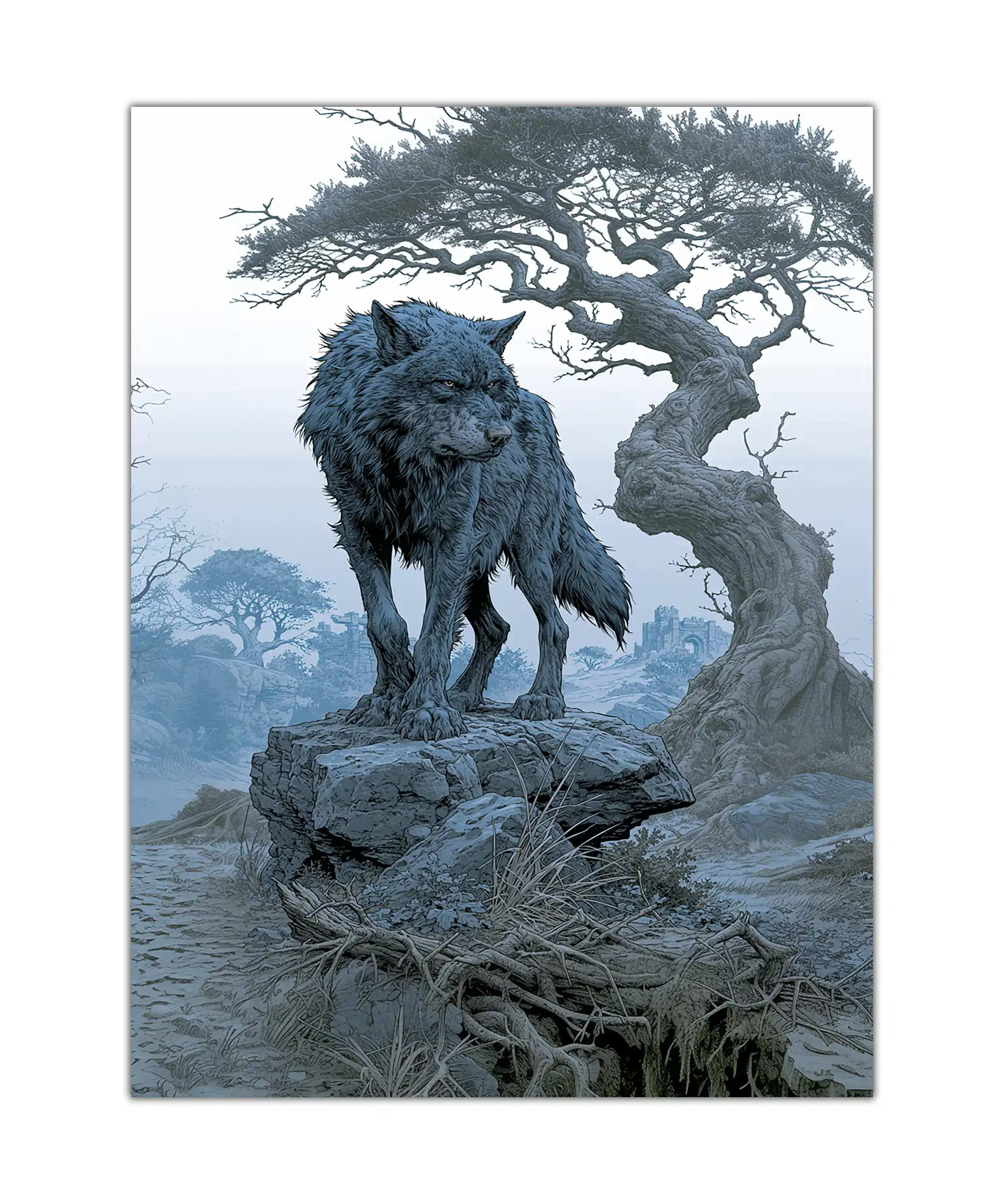 Ironwood Wolf Poster 1 painting Blue-gray wolf poster on a rocky ledge beneath a twisted ancient tree