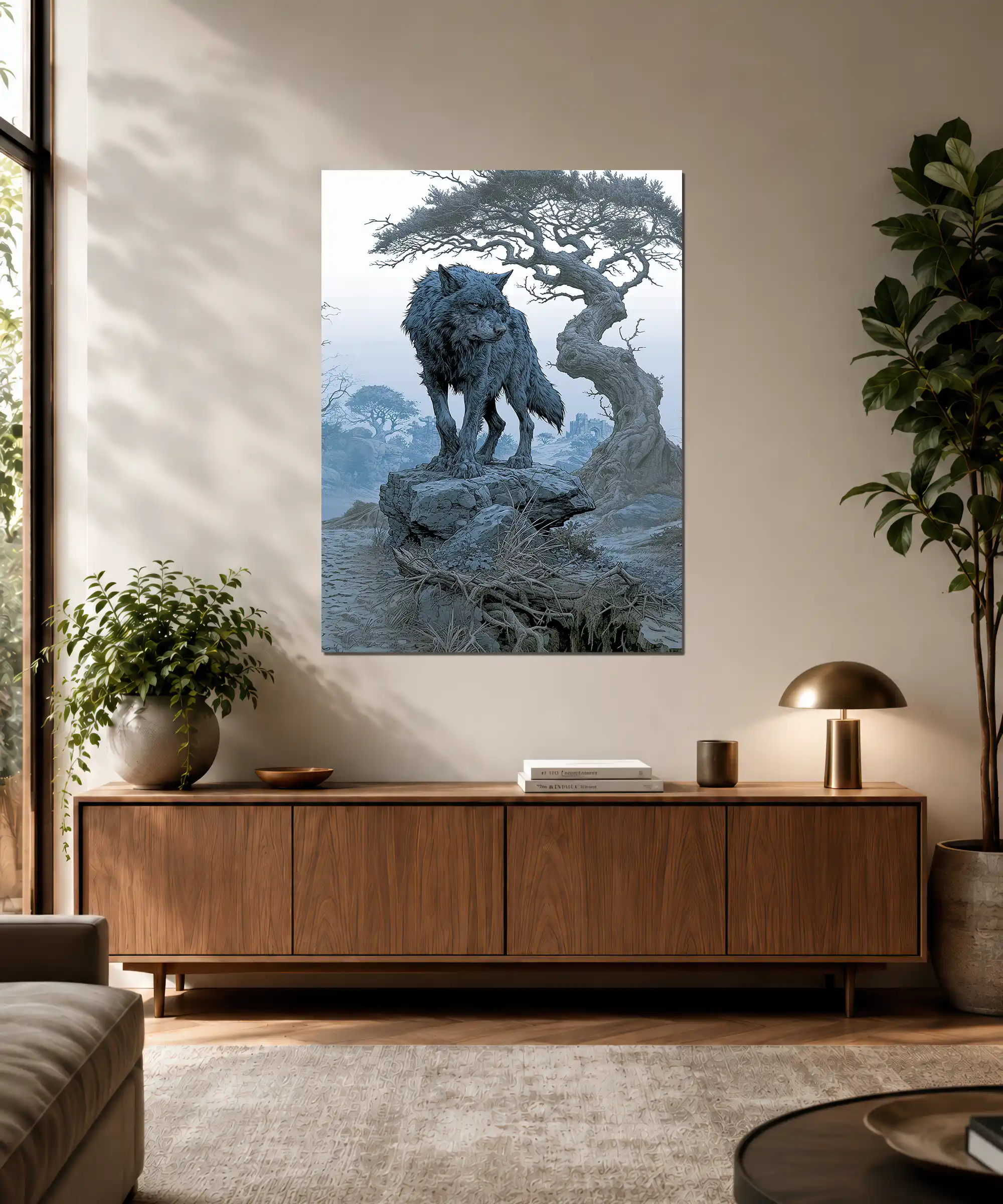Ironwood Wolf Poster 3 painting Wolf fantasy poster displayed in an interior with ancient tree and ruins