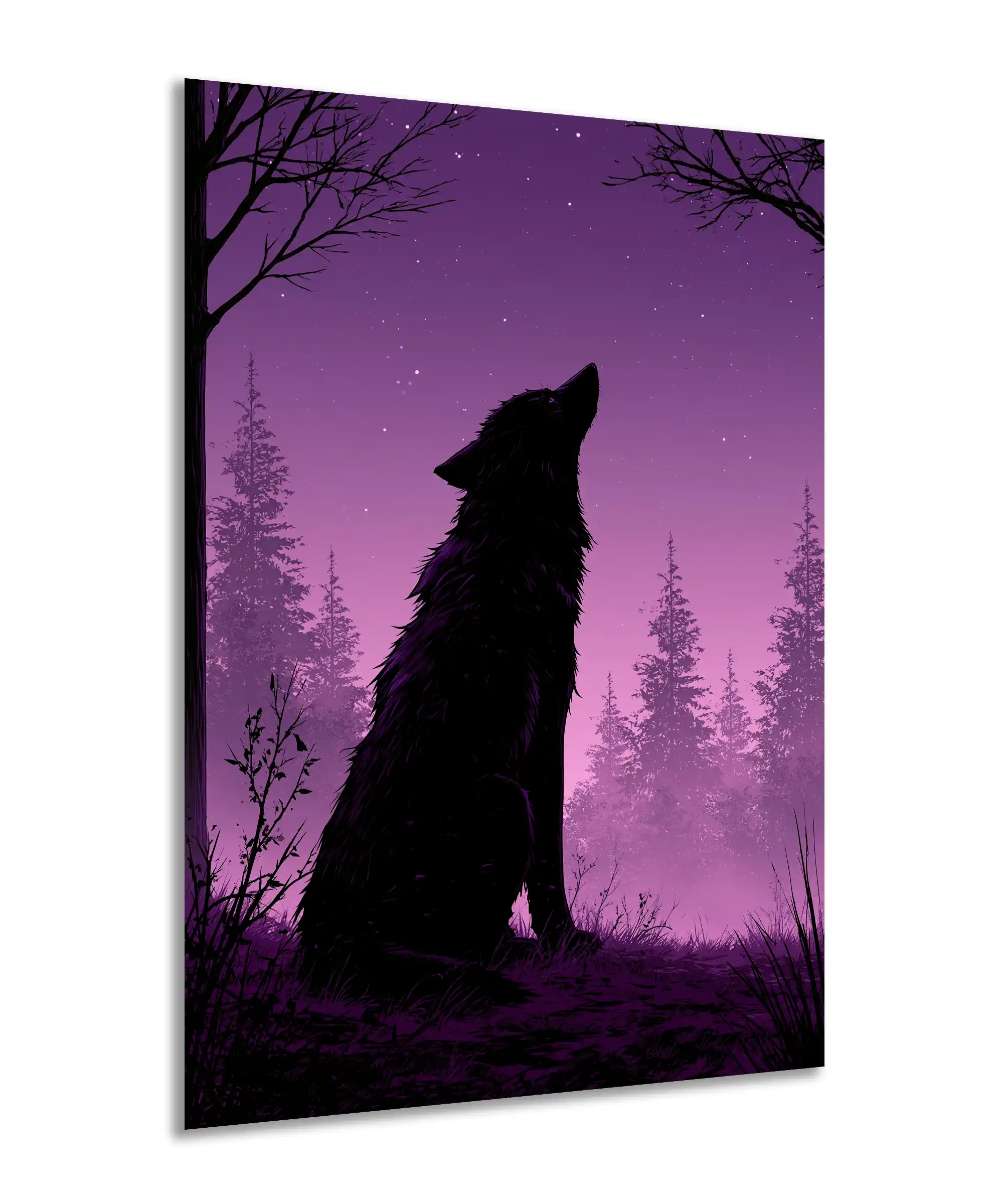 Midnight Howl Wolf Poster 2 painting Angled wolf poster showing a black silhouette, purple sky, stars, and shadowy evergreen forest