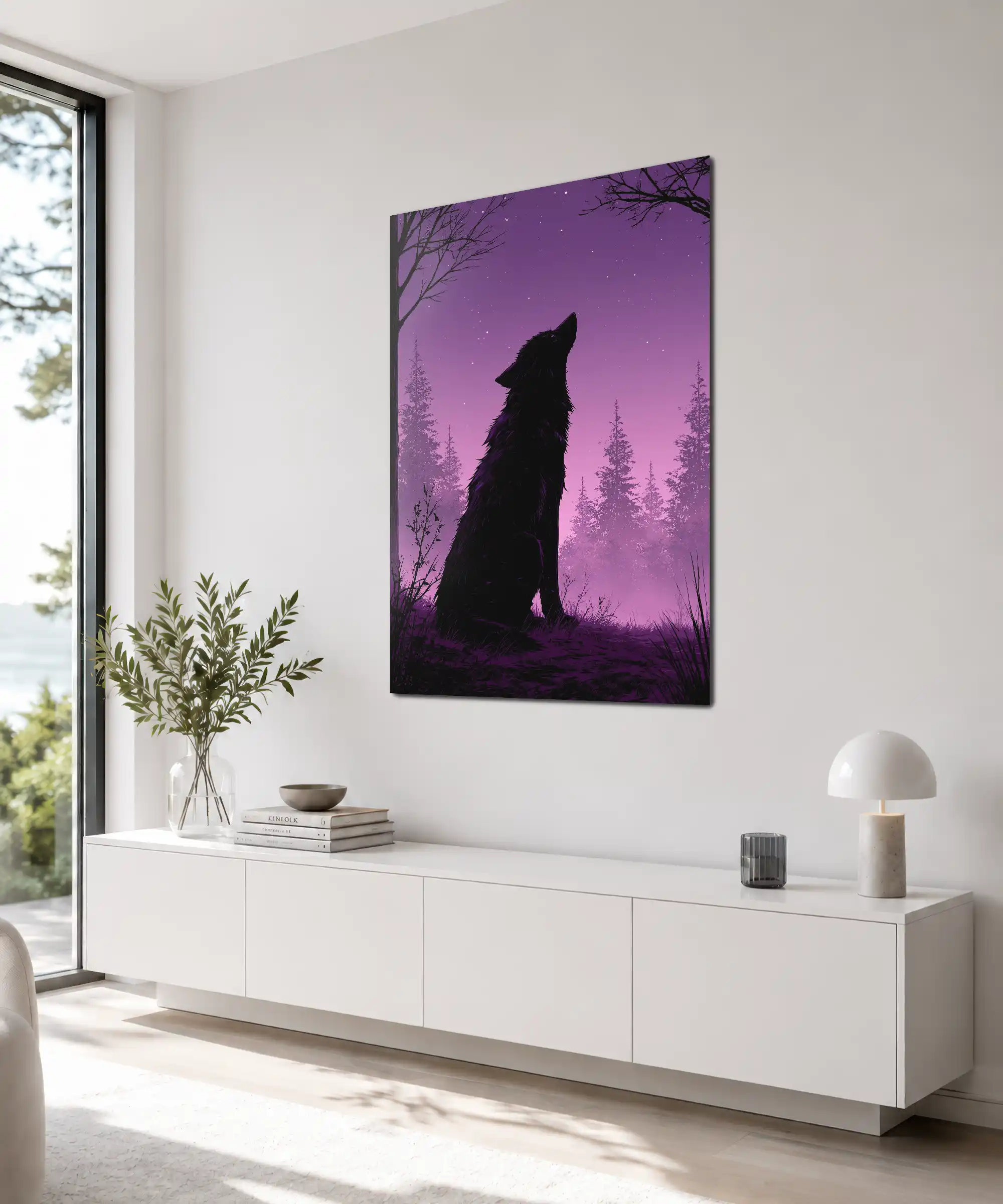 Midnight Howl Wolf Poster 4 painting Angled howling wolf wall art displayed indoors with a purple starry forest design