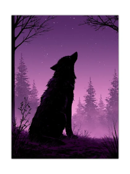 Howling black wolf poster beneath a violet starry sky in an illustrated forest scene