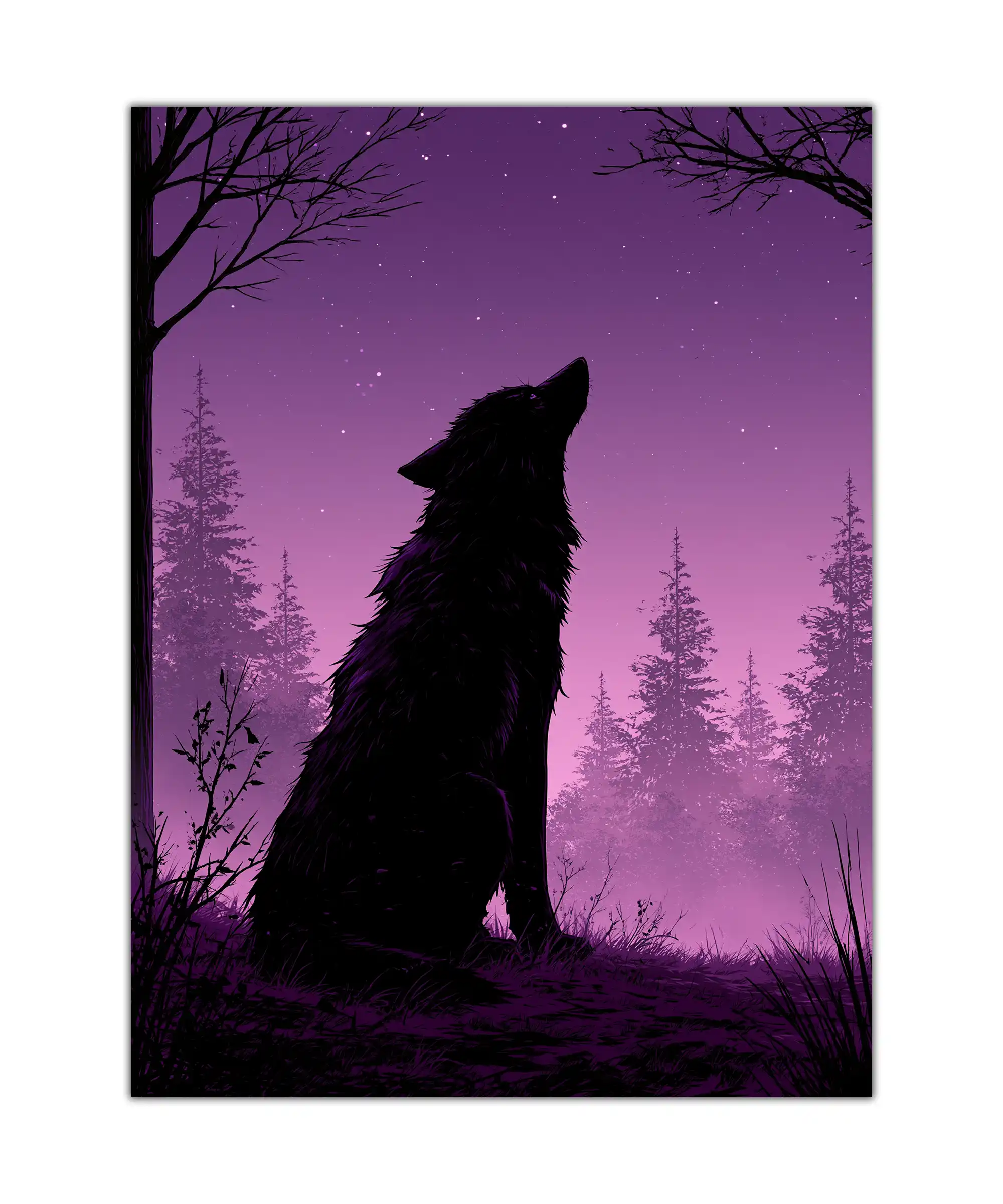 Midnight Howl Wolf Poster 1 painting Howling black wolf poster beneath a violet starry sky in an illustrated forest scene