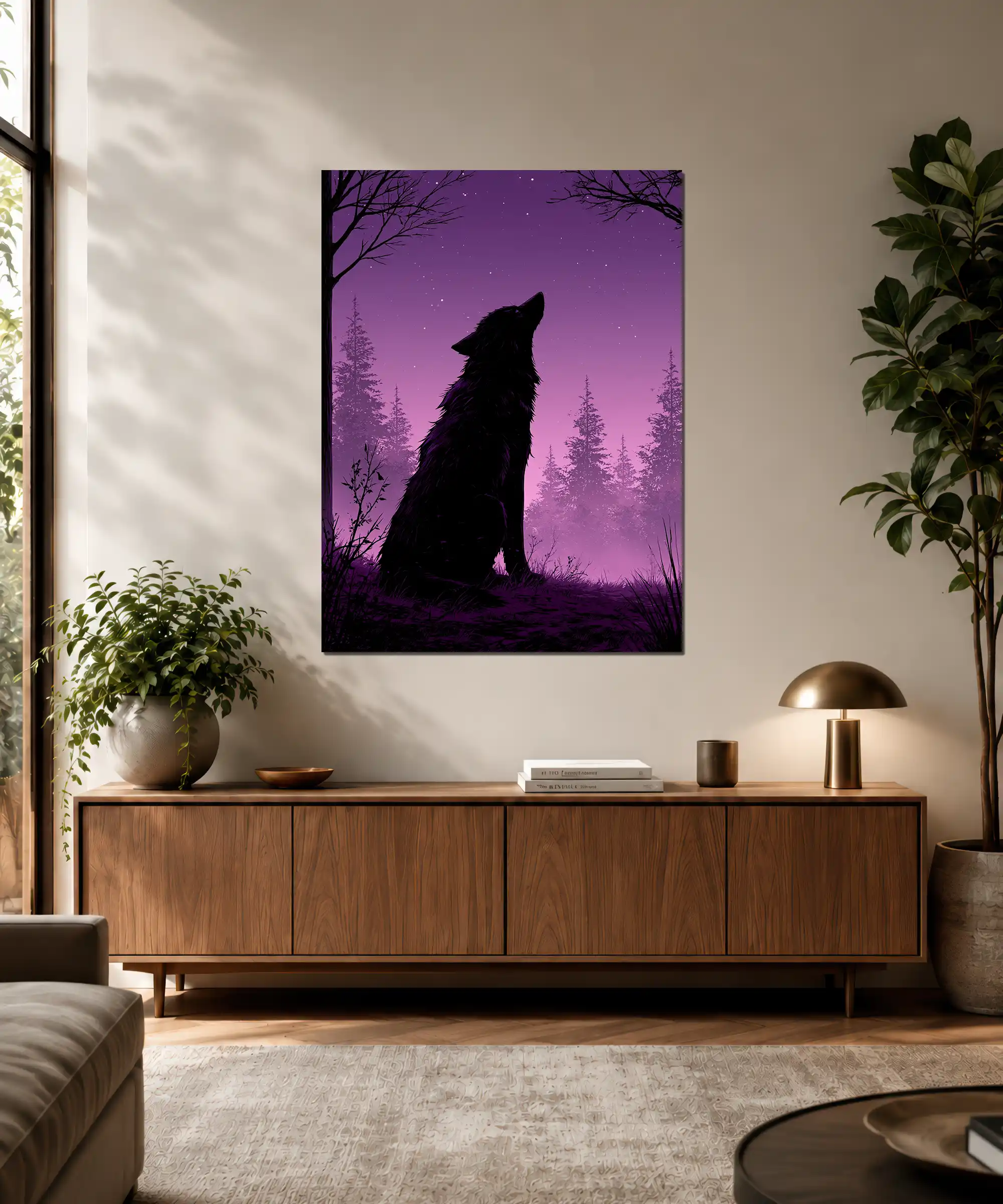 Midnight Howl Wolf Poster 3 painting Howling wolf wall poster displayed in an interior with violet night forest artwork