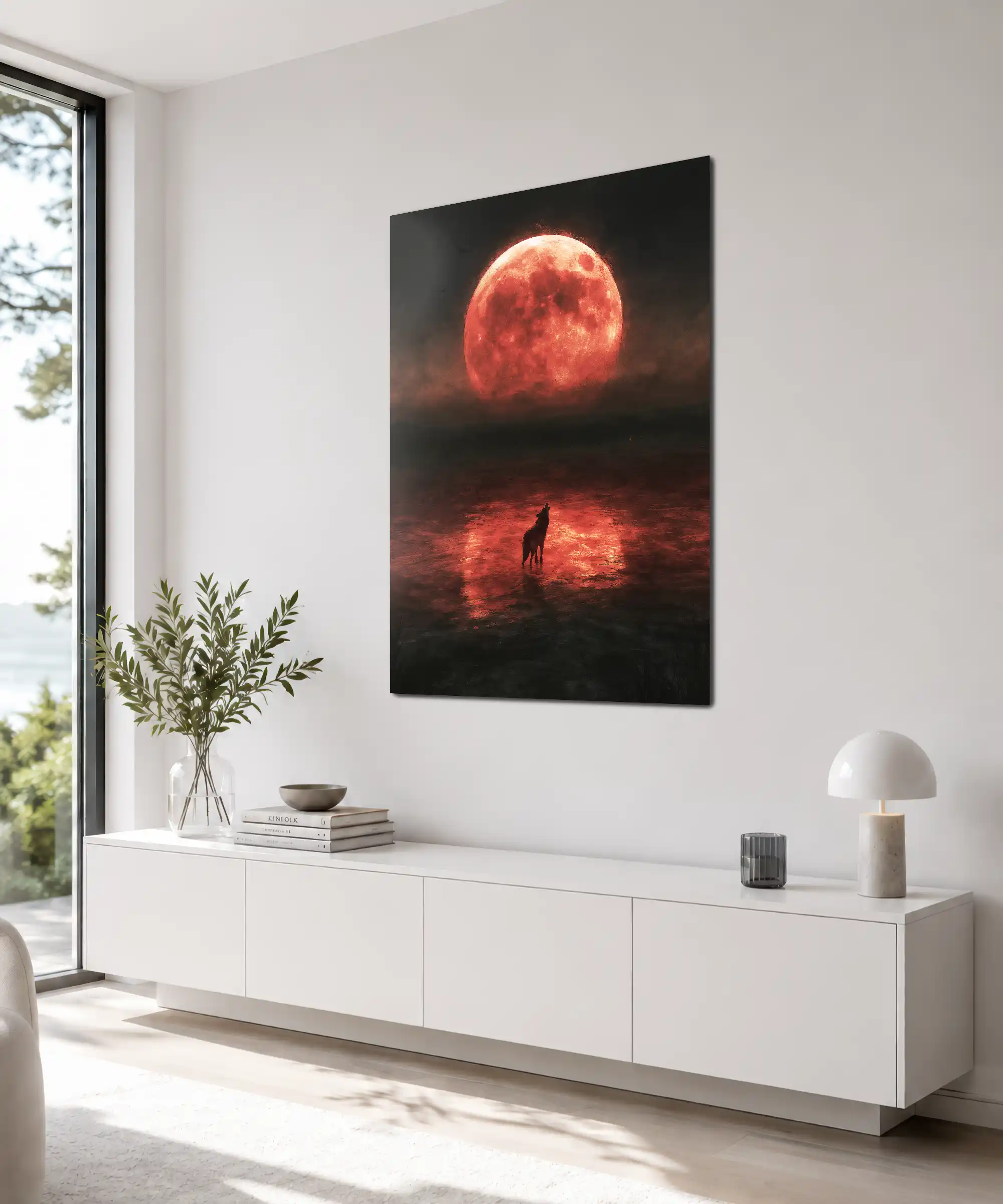 Red Moon Wolf Poster 4 painting Angled wolf poster in an interior showing red moonlight over dark reflective water