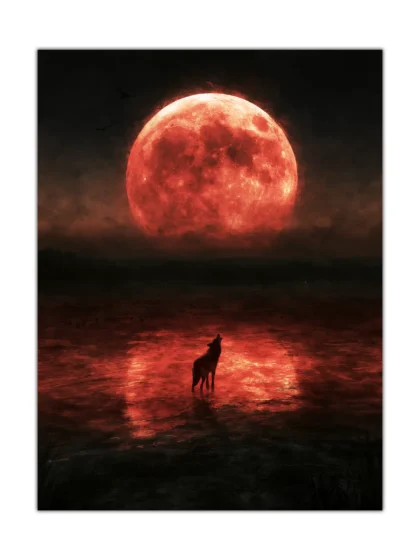 Red moon wolf poster showing a lone howling wolf in dark reflective water