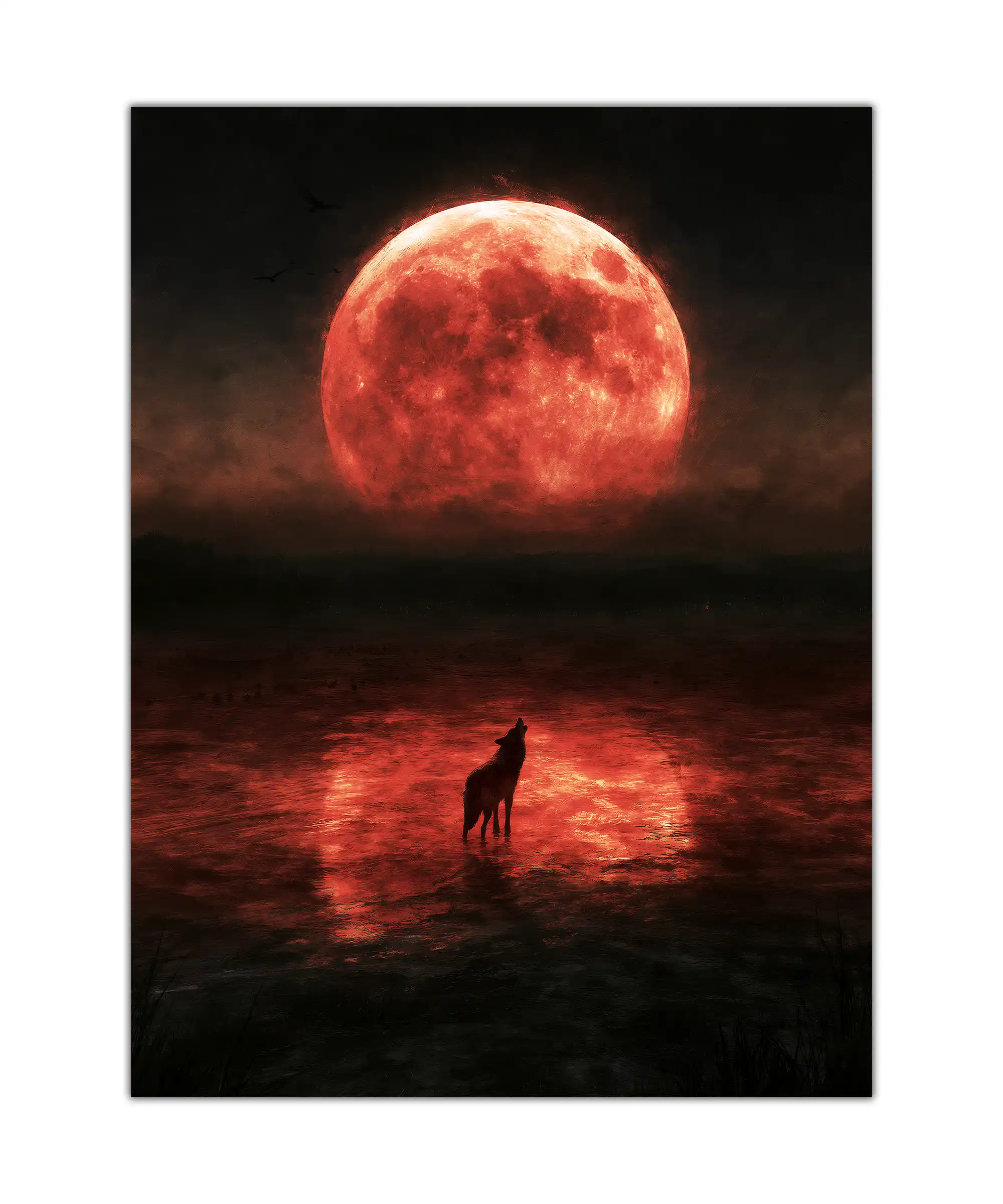 Red Moon Wolf Poster 1 painting Red moon wolf poster showing a lone howling wolf in dark reflective water